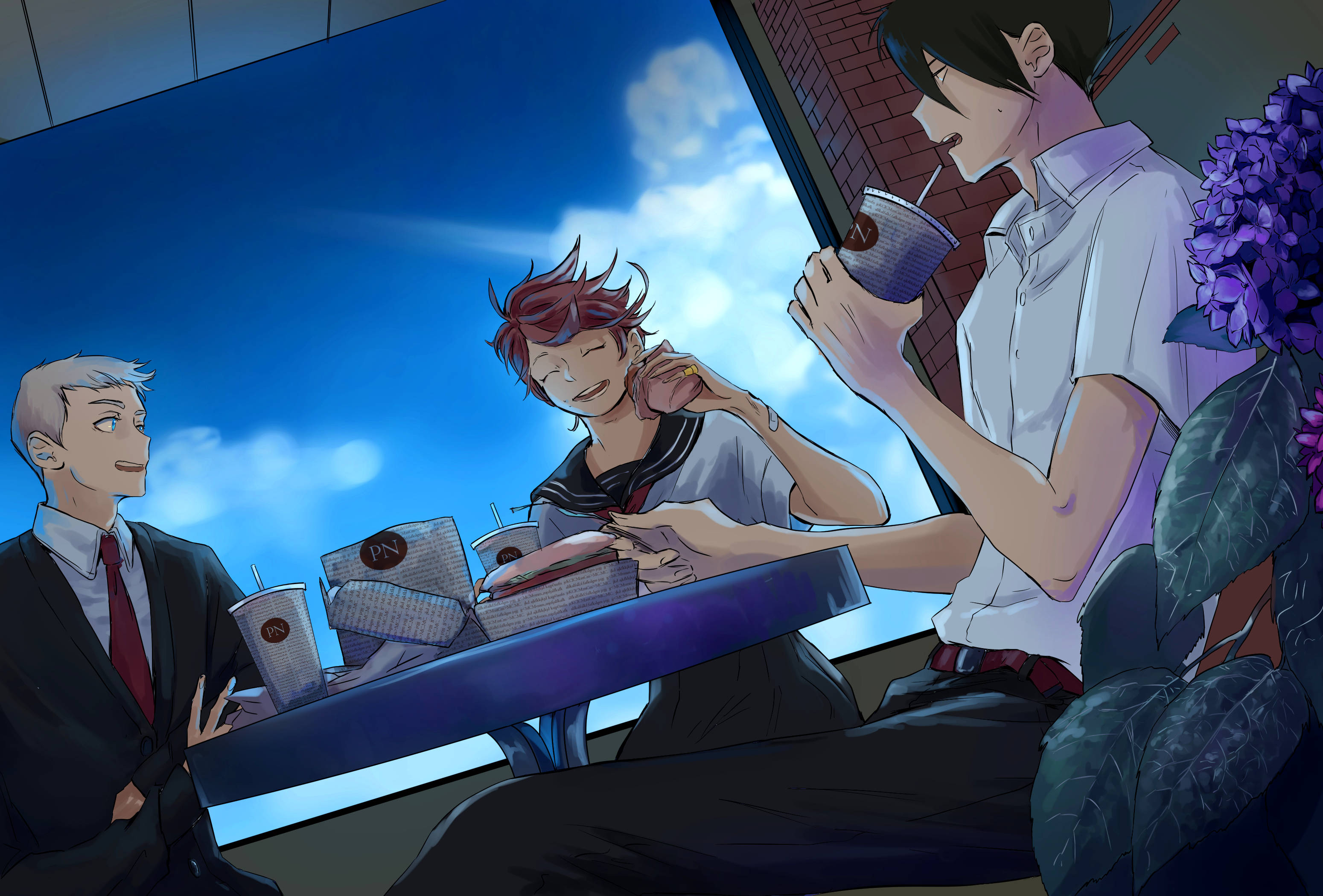 The Promised Neverland, grown up trio, cafe table, 2K Desktop Wallpaper