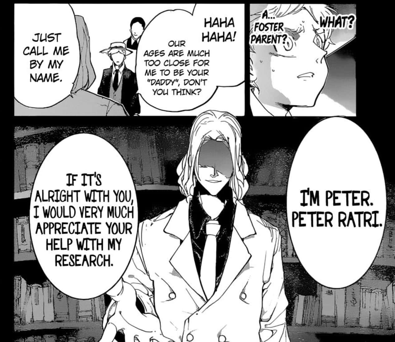 Peter Ratri, The Promised Neverland, black and white manga panel, SD Desktop Wallpaper