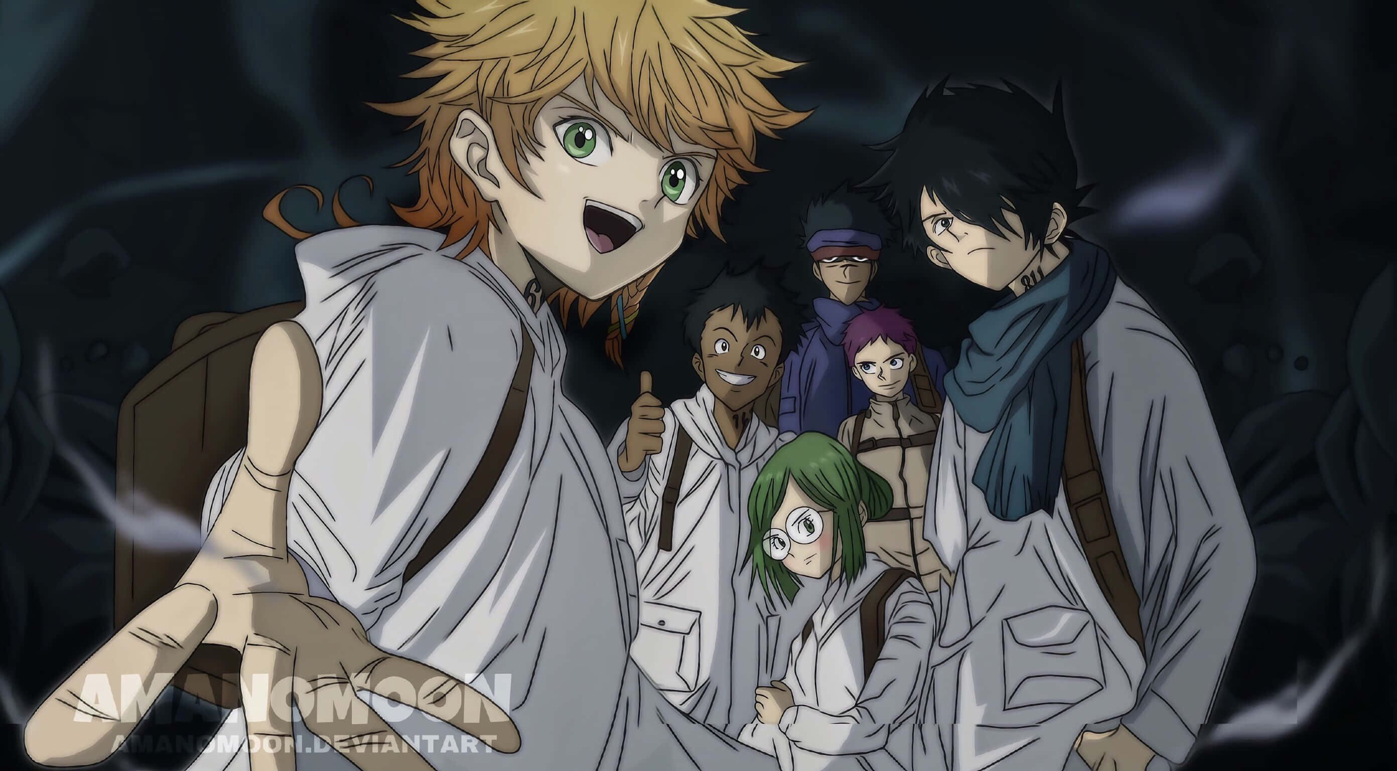 The Promised Neverland, anime characters, dark swirling background, 2K Desktop Wallpaper