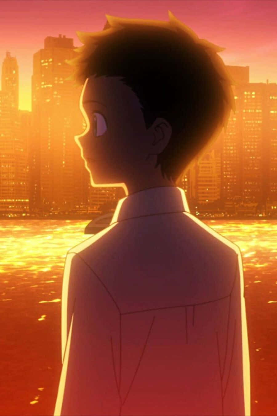 The Promised Neverland Phil, young anime boy, glowing city skyline, HD Phone Wallpaper