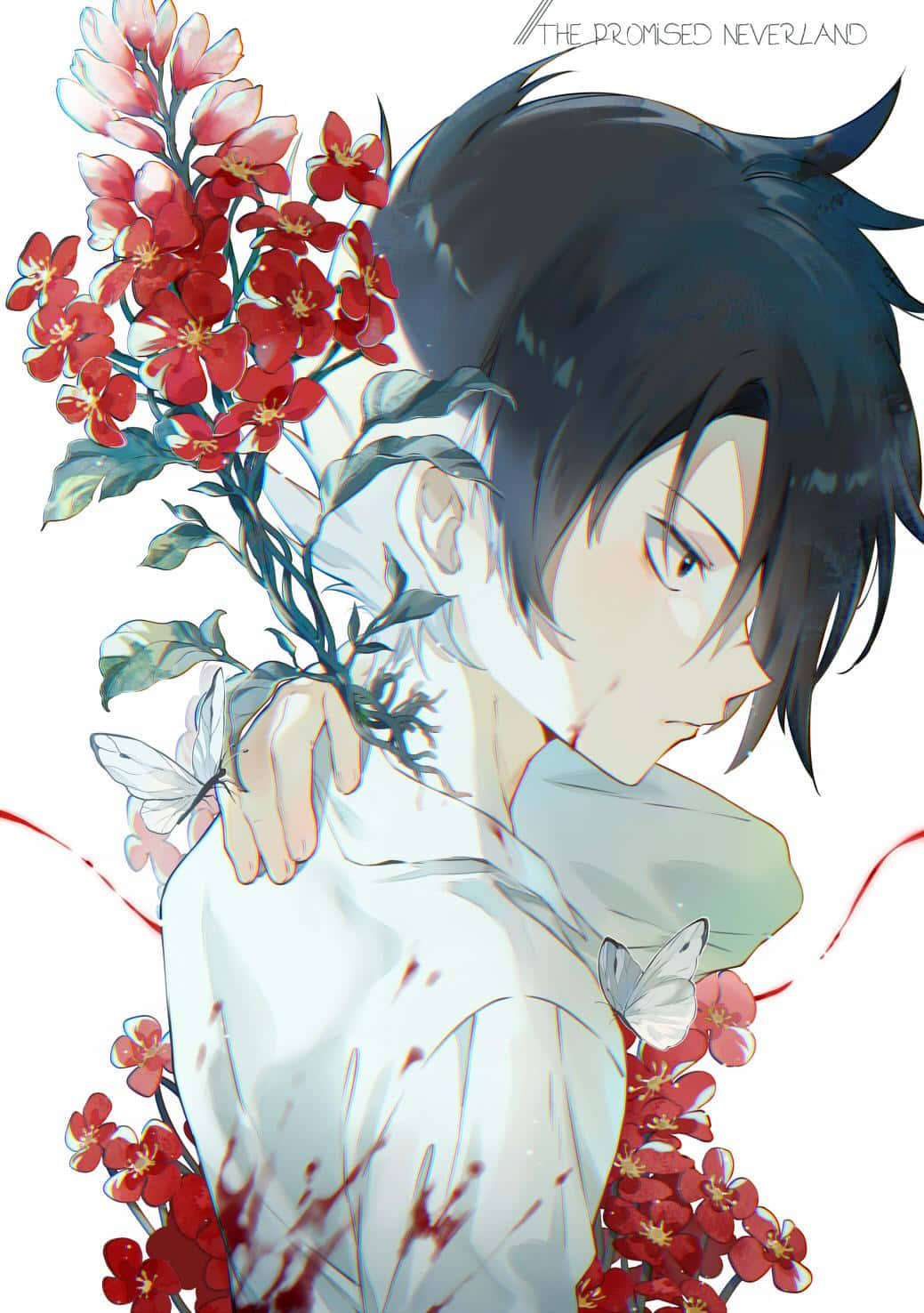 The Promised Neverland Ray, dark hair, bouquet of red flowers, HD Phone Wallpaper
