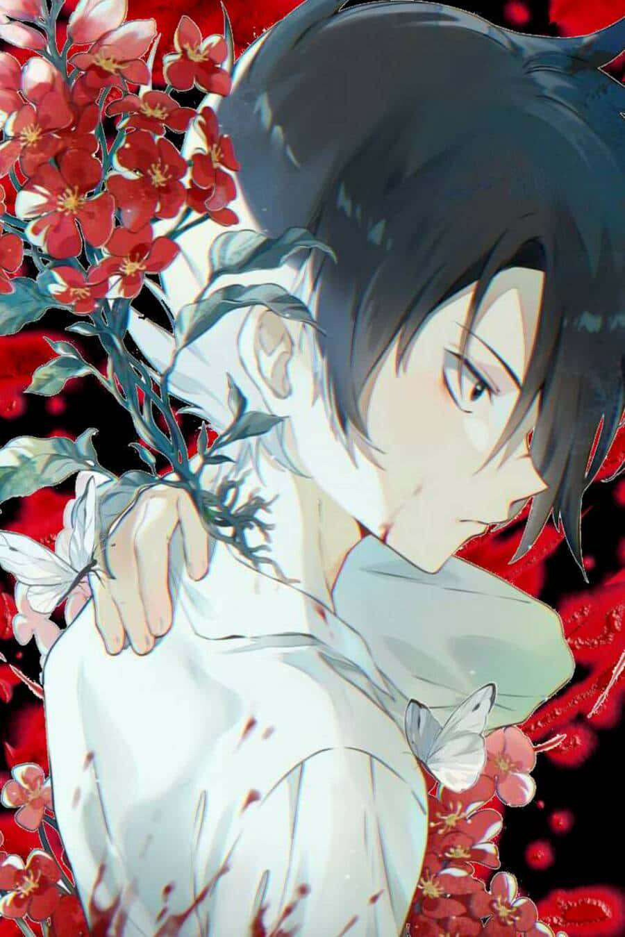 Ray, The Promised Neverland, red blossoms, HD Phone Wallpaper