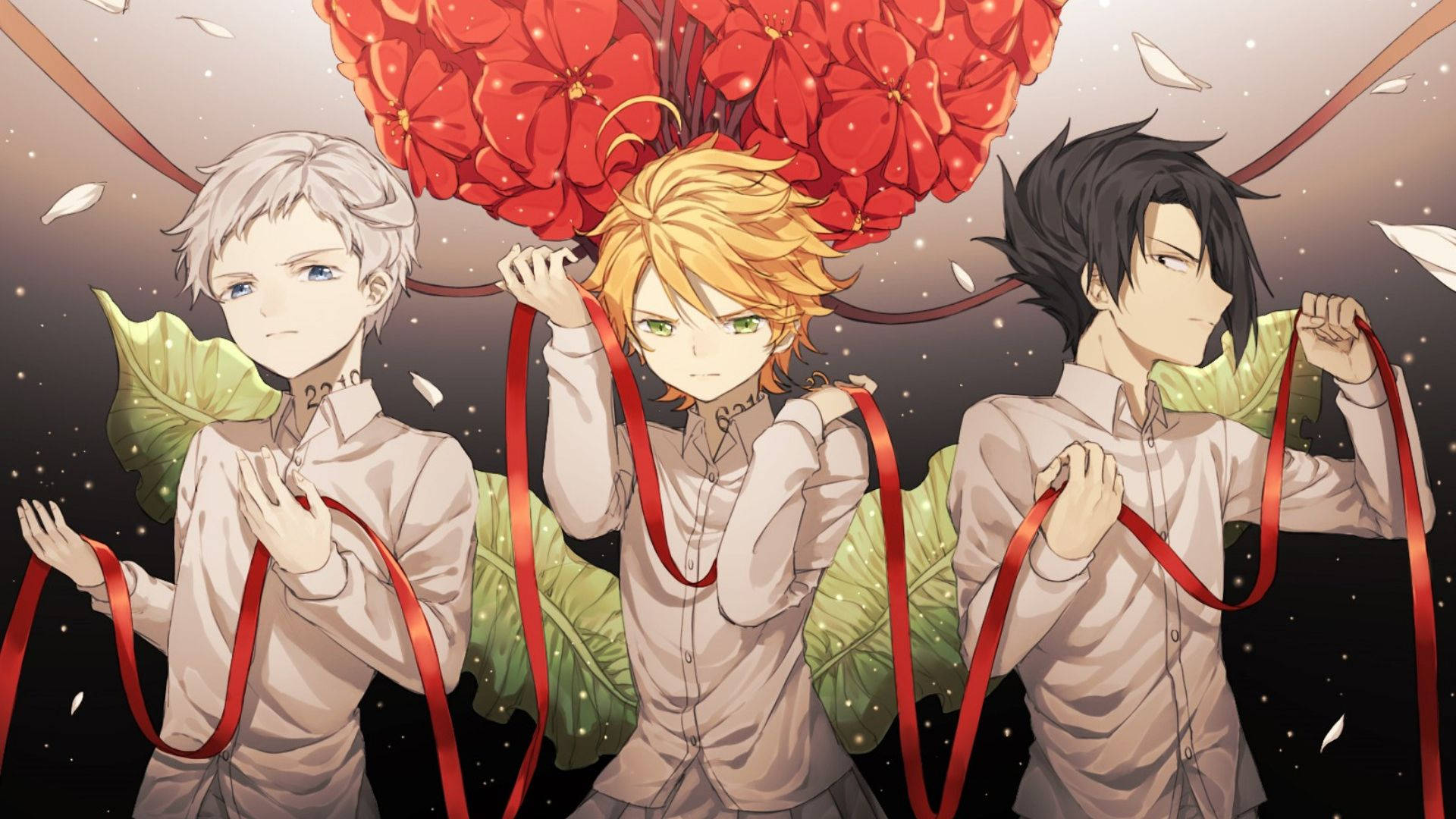 The Promised Neverland, red ribbon, giant red flower, Full HD Desktop Wallpaper