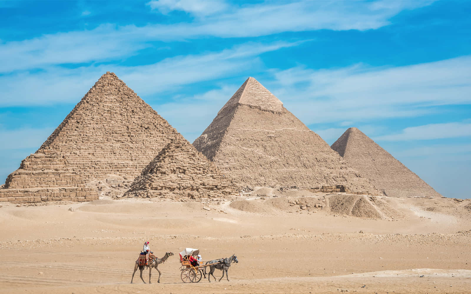 The Pyramids Of Giza, golden desert sands, bright blue sky, HD Desktop Wallpaper