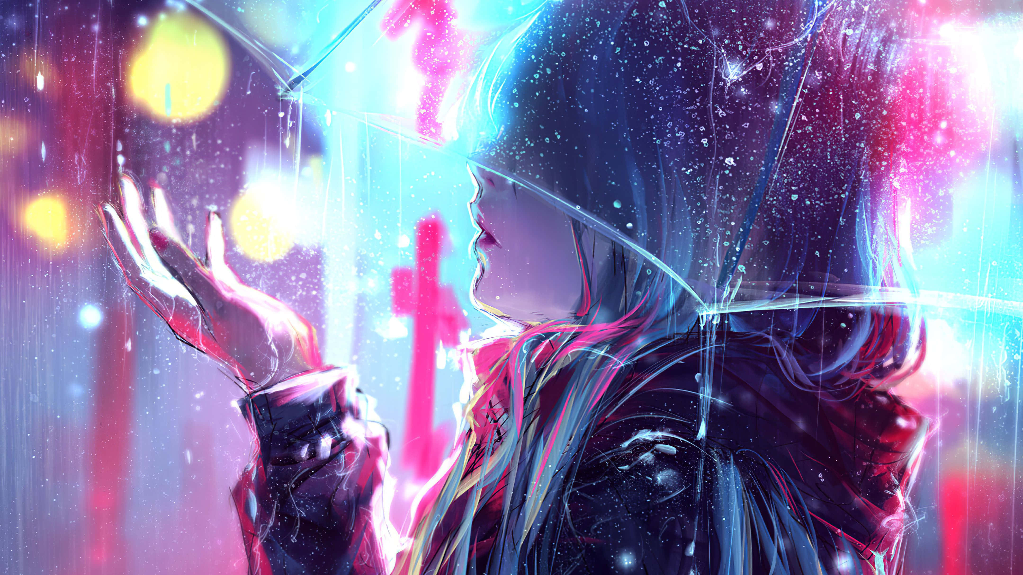 raincoat, umbrella, neon lights, 4K Desktop Wallpaper