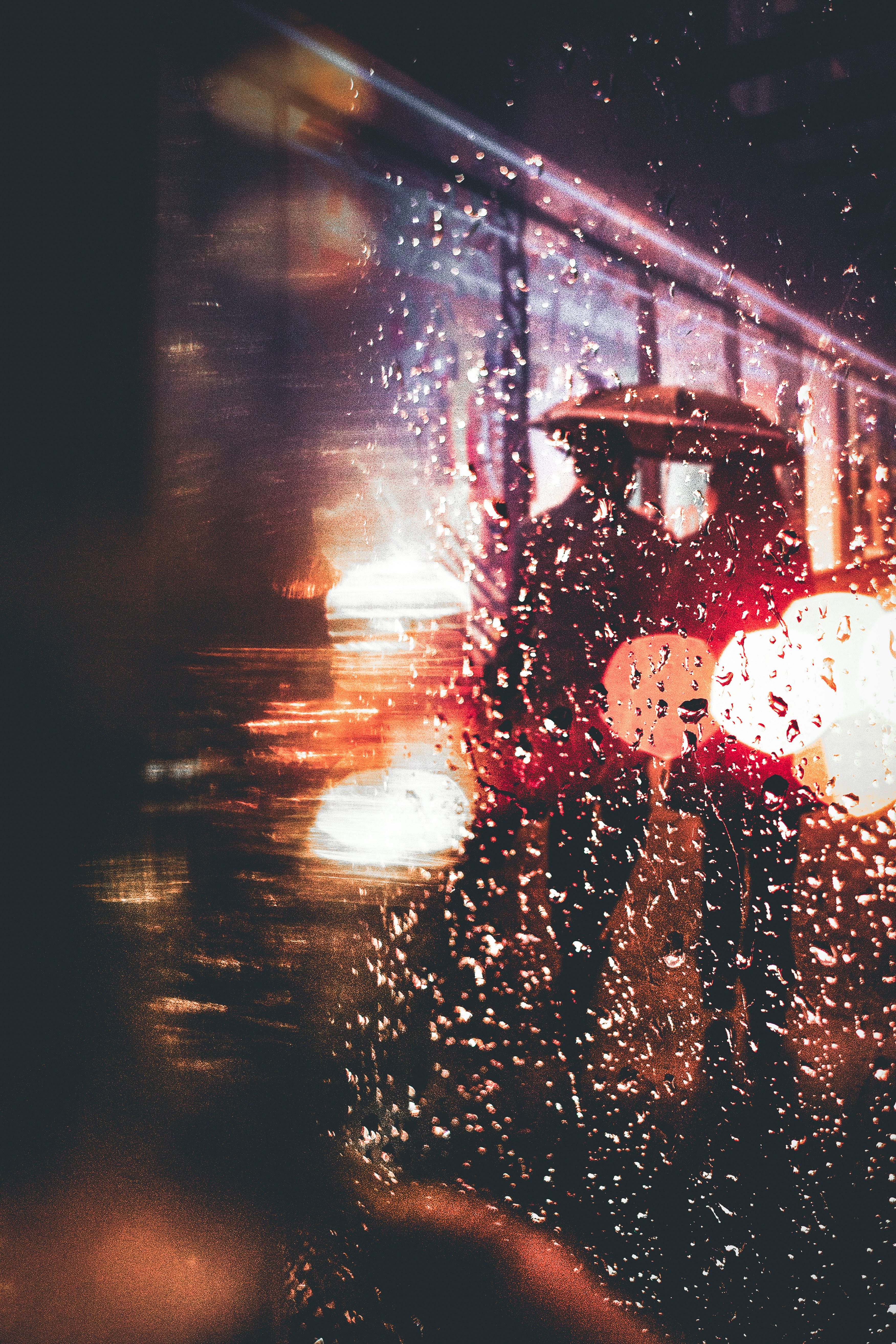 rainy night, wet window, blurred city lights, 5K Phone Wallpaper