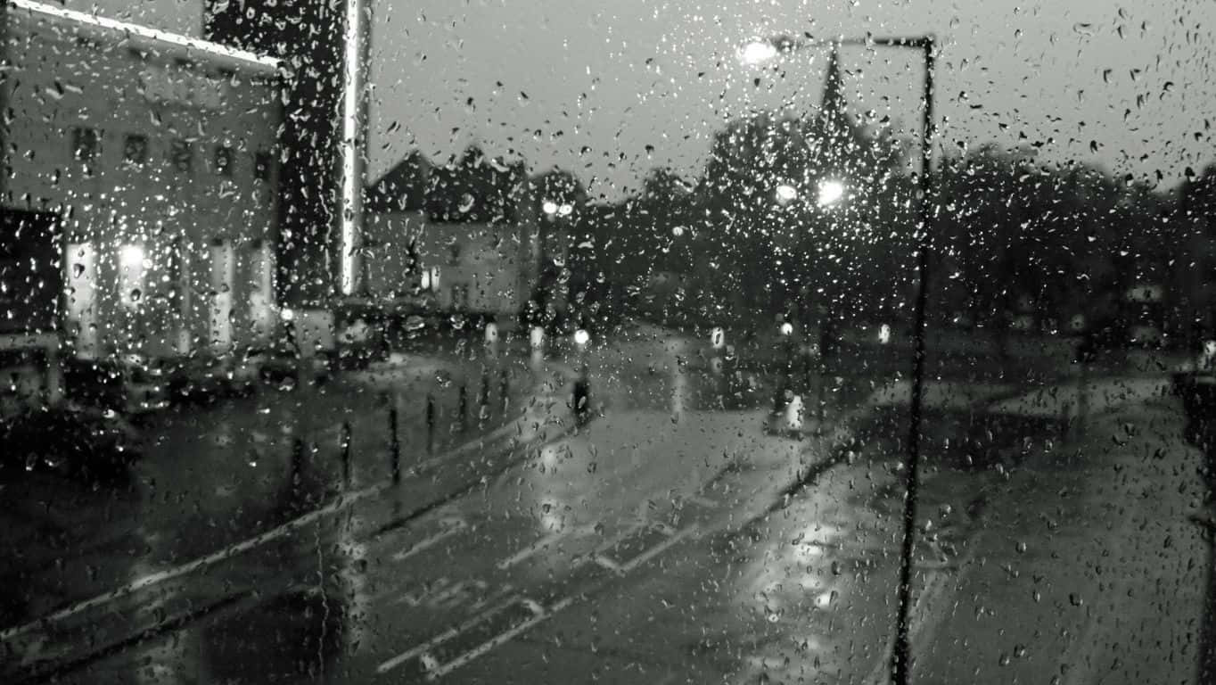 black and white photo, rainy street, window, HD Desktop Wallpaper