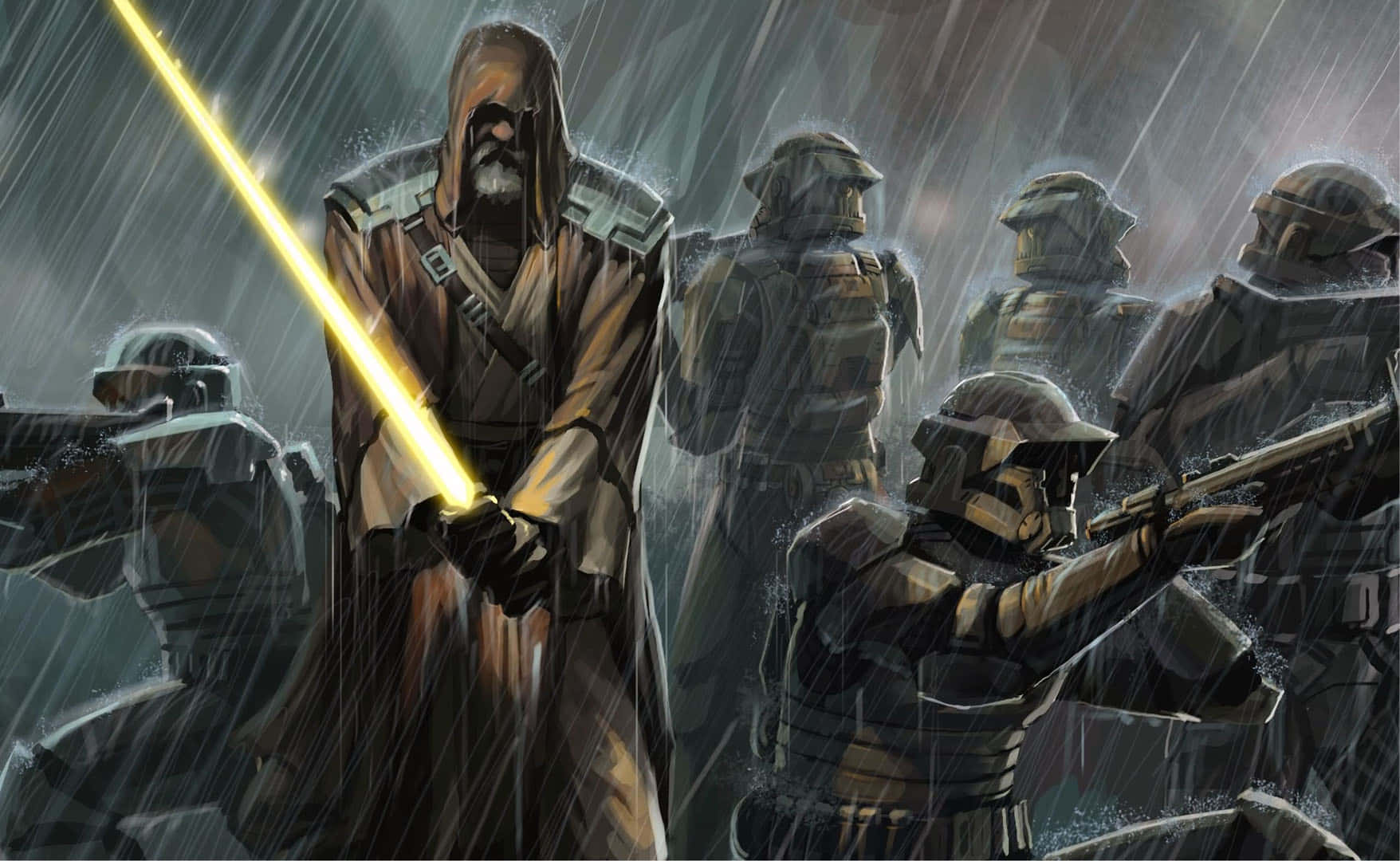 The Rebellion, hooded warrior, glowing yellow lightsaber, HD Desktop Wallpaper