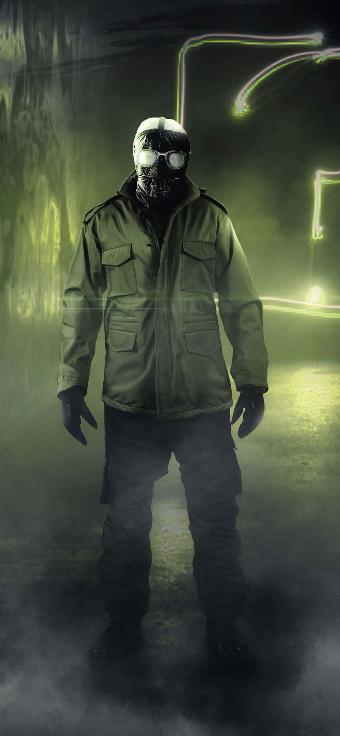 The Riddler 2022, green military jacket, eerie green-lit fog, Full HD Phone Wallpaper