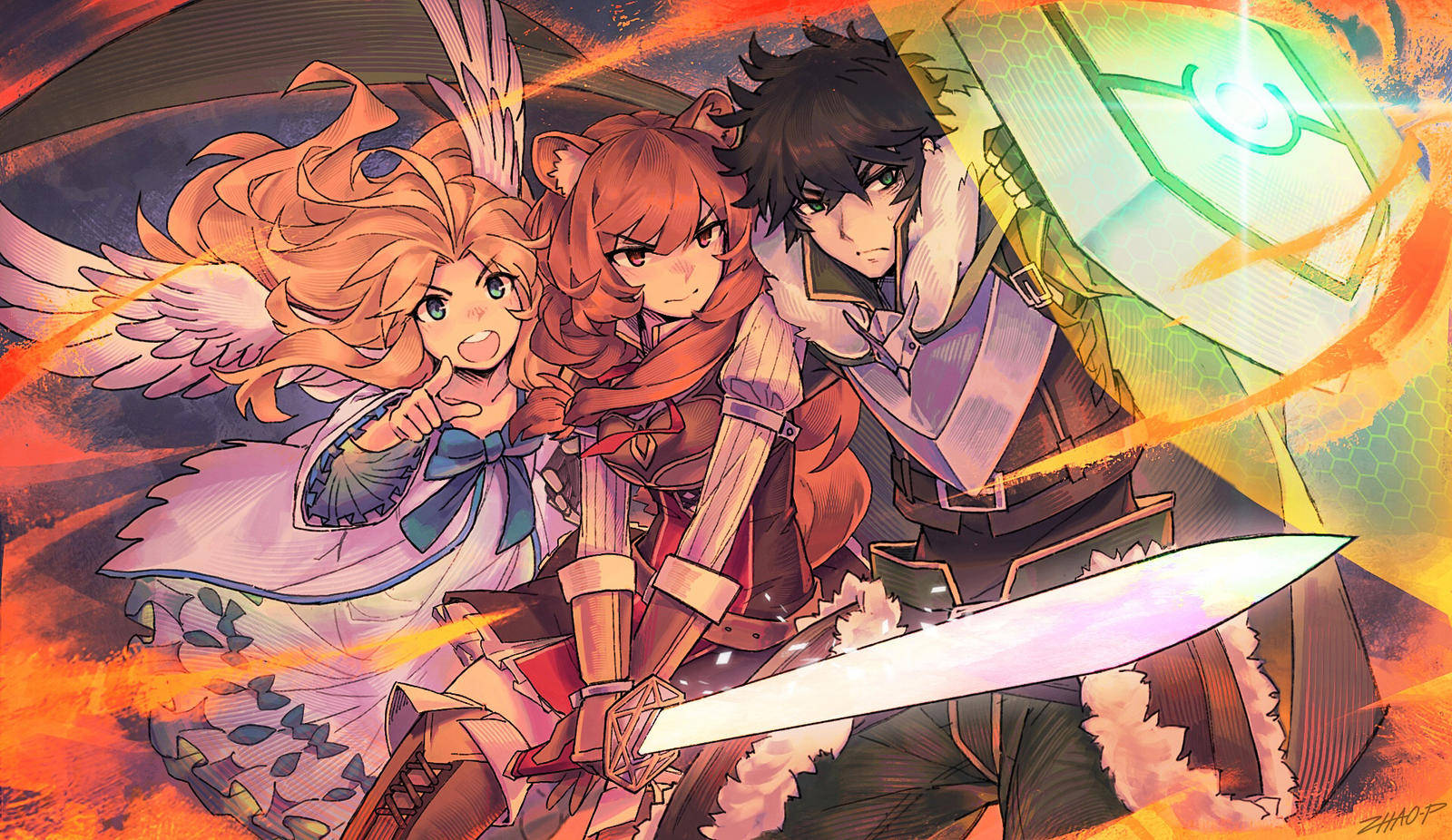 The Rising Of The Shield Hero, glowing sword, fiery background, HD Desktop Wallpaper