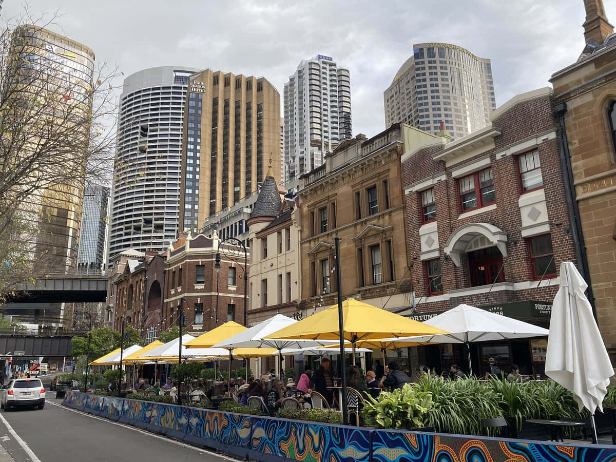 The Rocks Sydney, historic brick buildings, modern skyscrapers, SD Desktop Wallpaper