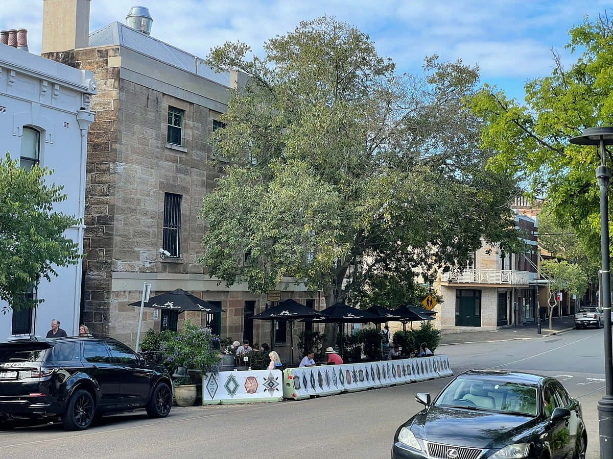The Rocks Sydney, outdoor dining scene, historic stone buildings, SD Desktop Wallpaper