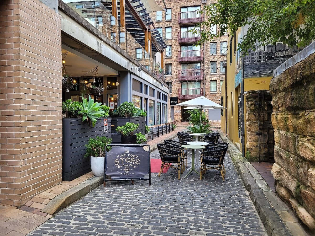 The Rocks Sydney, cobblestone alley, brick buildings, SD Desktop Wallpaper