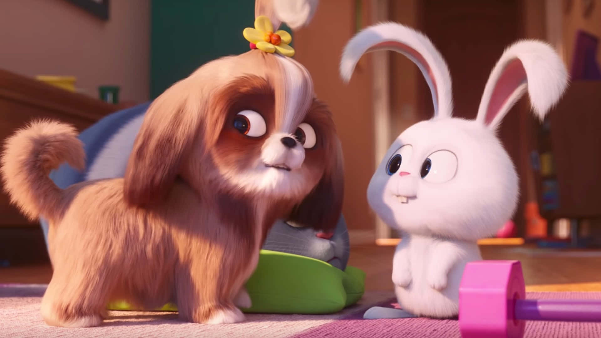 The Secret Life Of Pets 2, fluffy brown puppy, flower on its head, Full HD Desktop Wallpaper