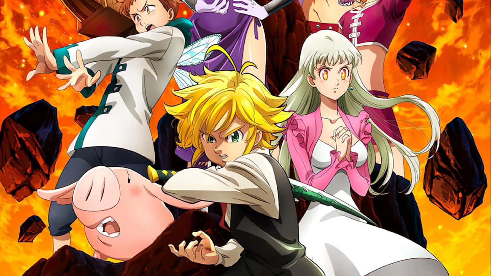 The Seven Deadly Sins, fiery orange background, floating rocks, HD Desktop Wallpaper