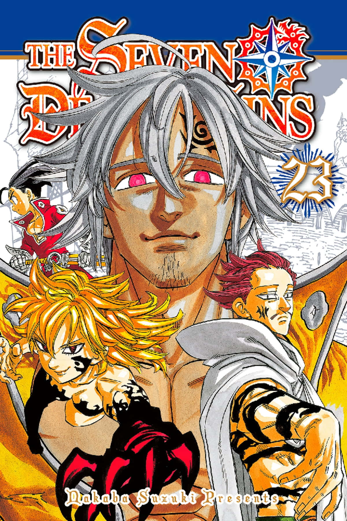 The Seven Deadly Sins, silver gold and red hair, blue and orange background, HD Phone Wallpaper