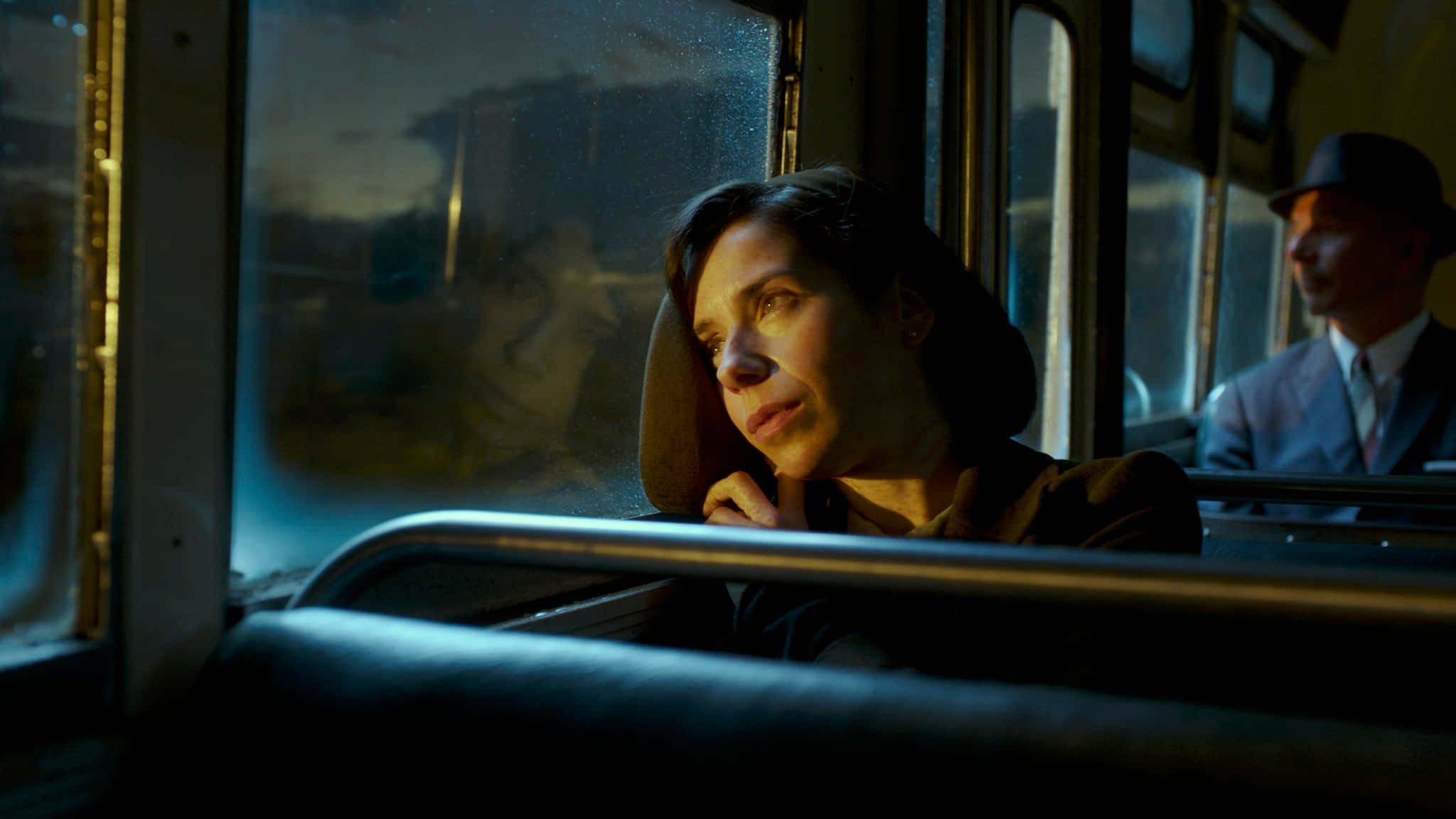 The Shape Of Water, rain-smeared train window, man in a hat, Full HD Desktop Wallpaper
