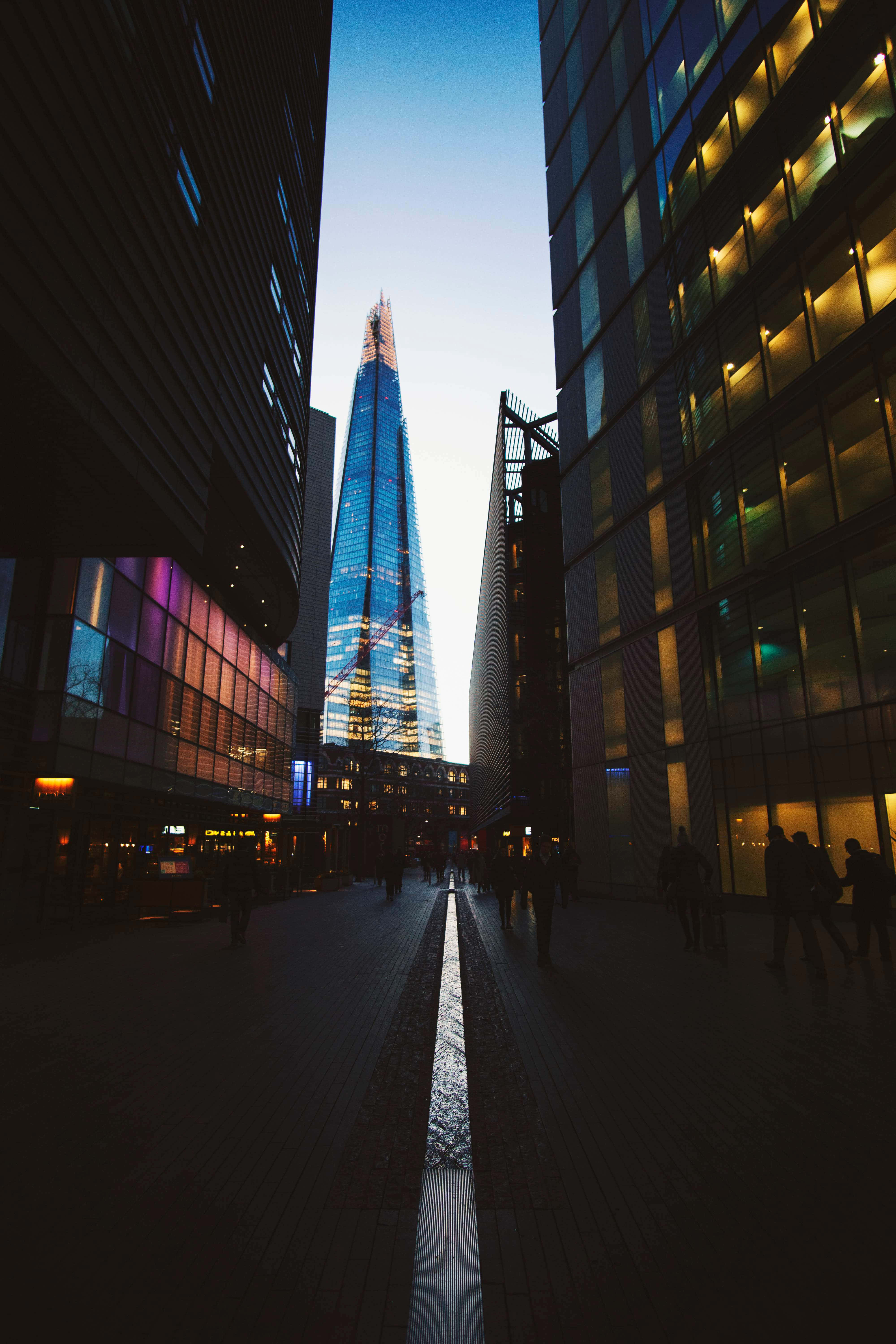 The Shard, twilight sky, dark glass buildings, 5K Phone Wallpaper