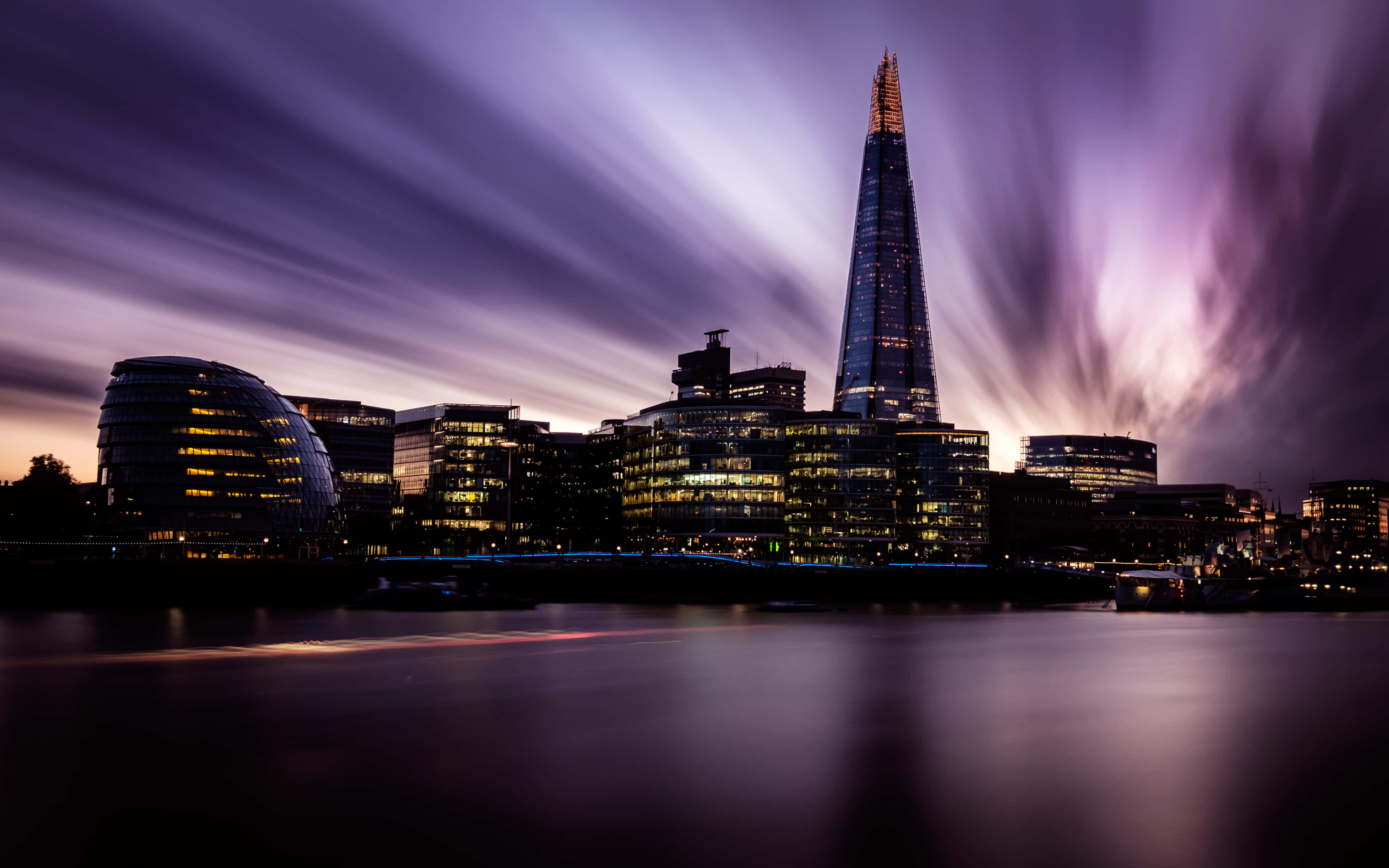 The Shard, purple aesthetic, long-exposure cityscape, 4K Desktop Wallpaper
