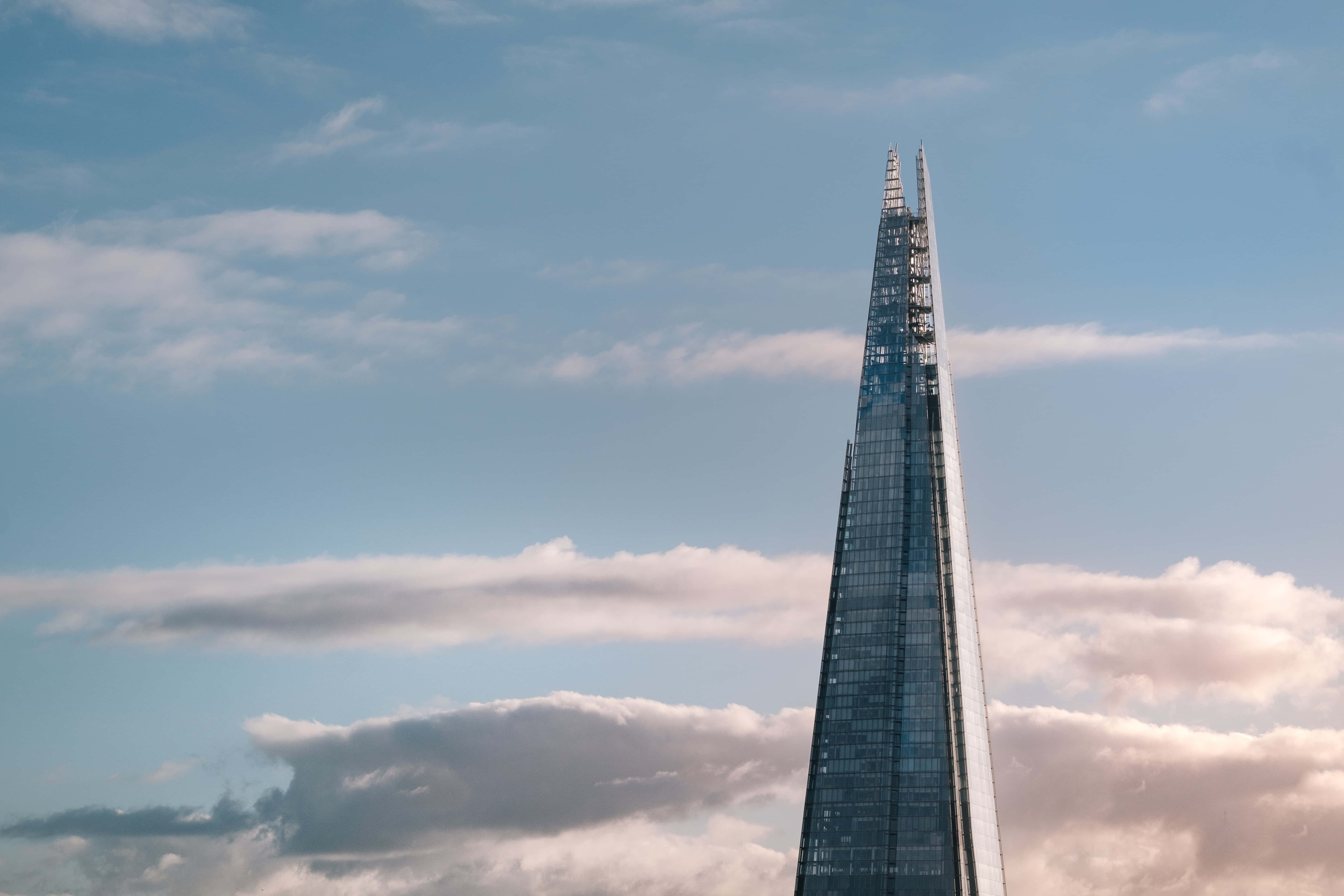 The Shard, glass facade, partly cloudy sky, 5K Desktop Wallpaper