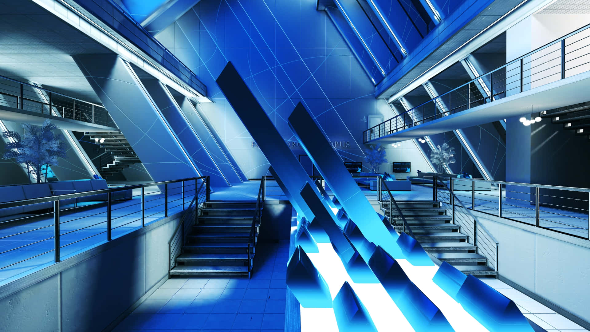 The Shard, mirrors edge, futuristic blue-lit interior, Full HD Desktop Wallpaper