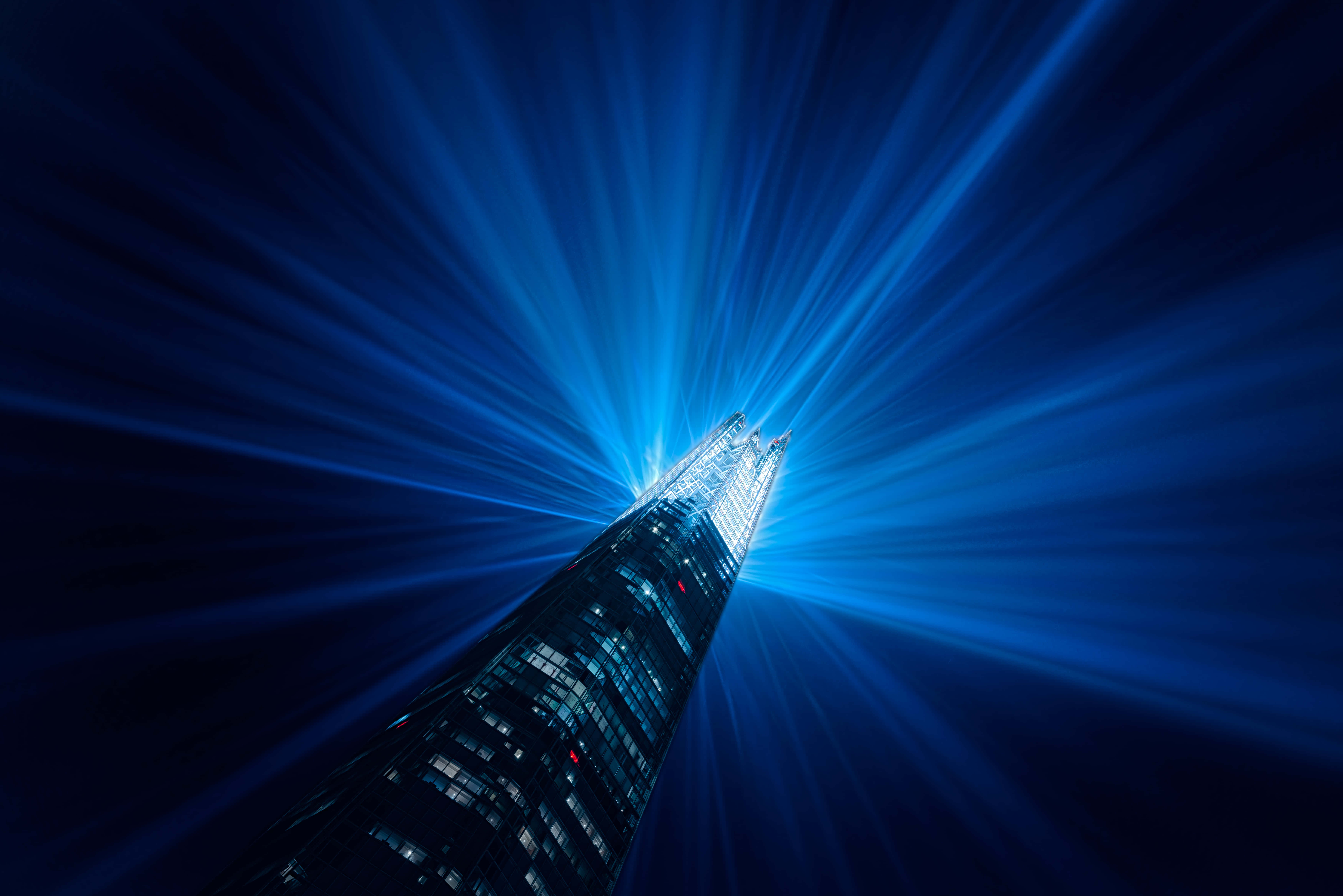 The Shard, glowing blue lights, towering skyscraper, 5K Desktop Wallpaper