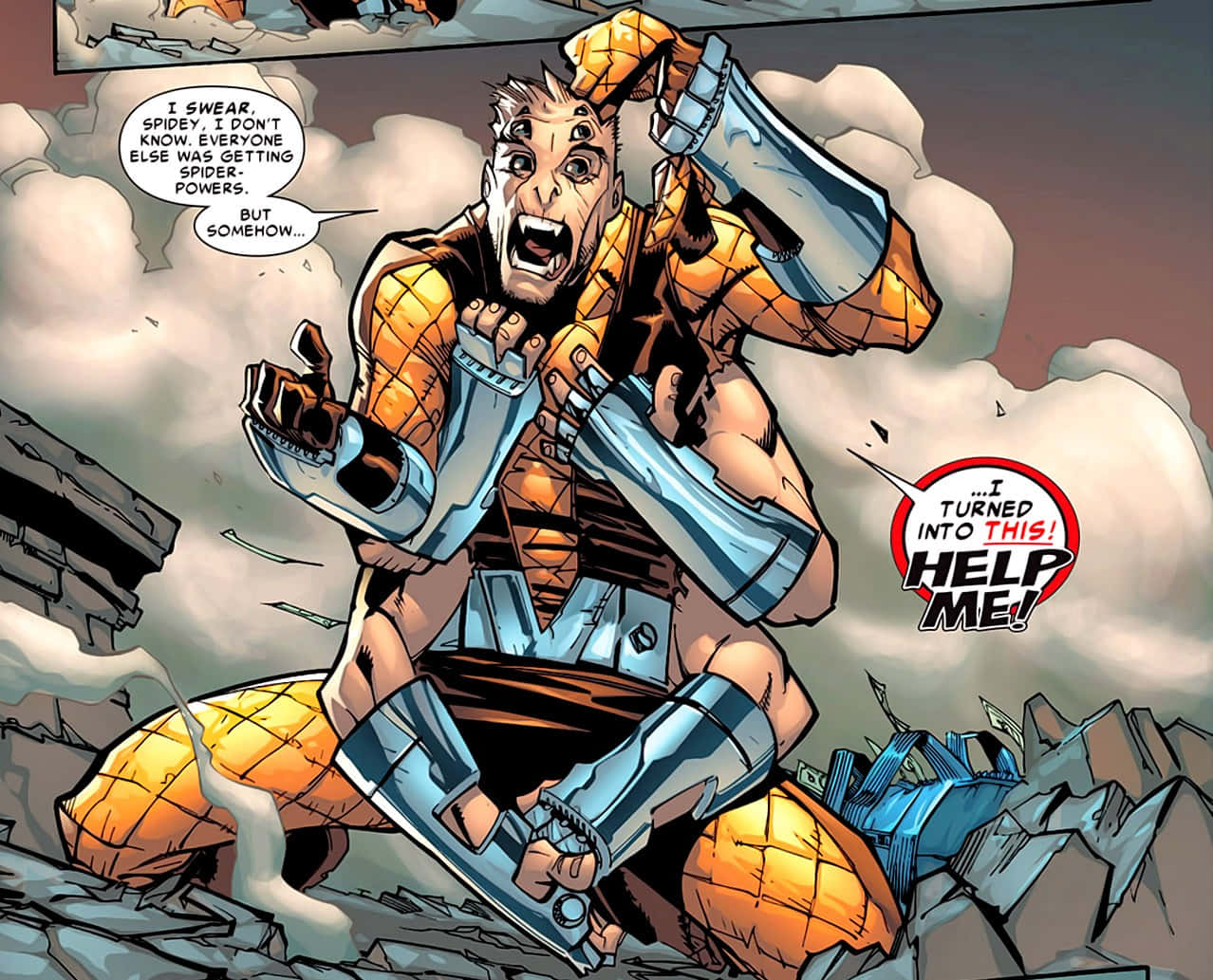 The Shocker, orange and blue armored suit, rubble, SD Desktop Wallpaper