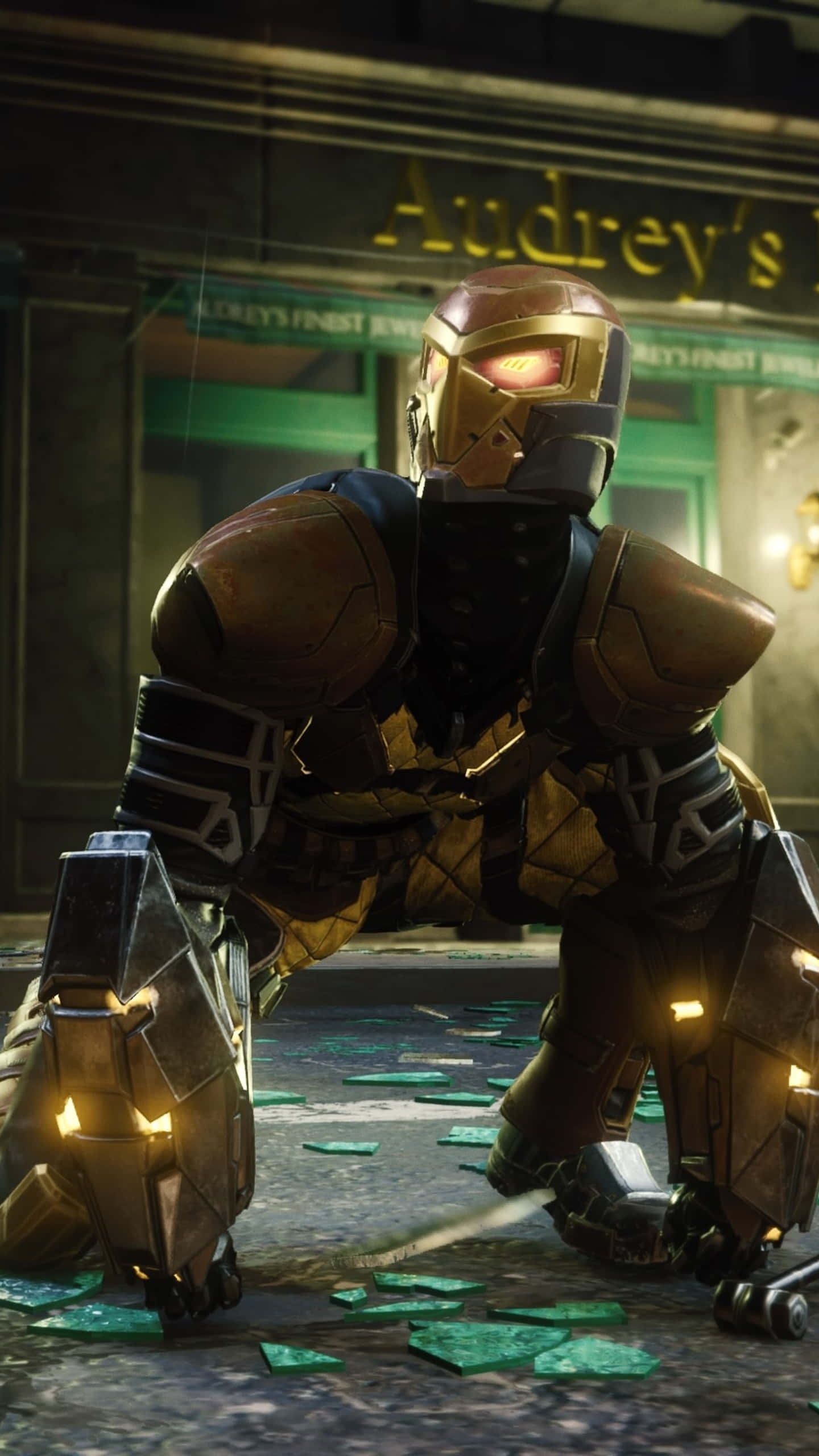 The Shocker, robotic figure, shattered green glass, 2K Phone Wallpaper