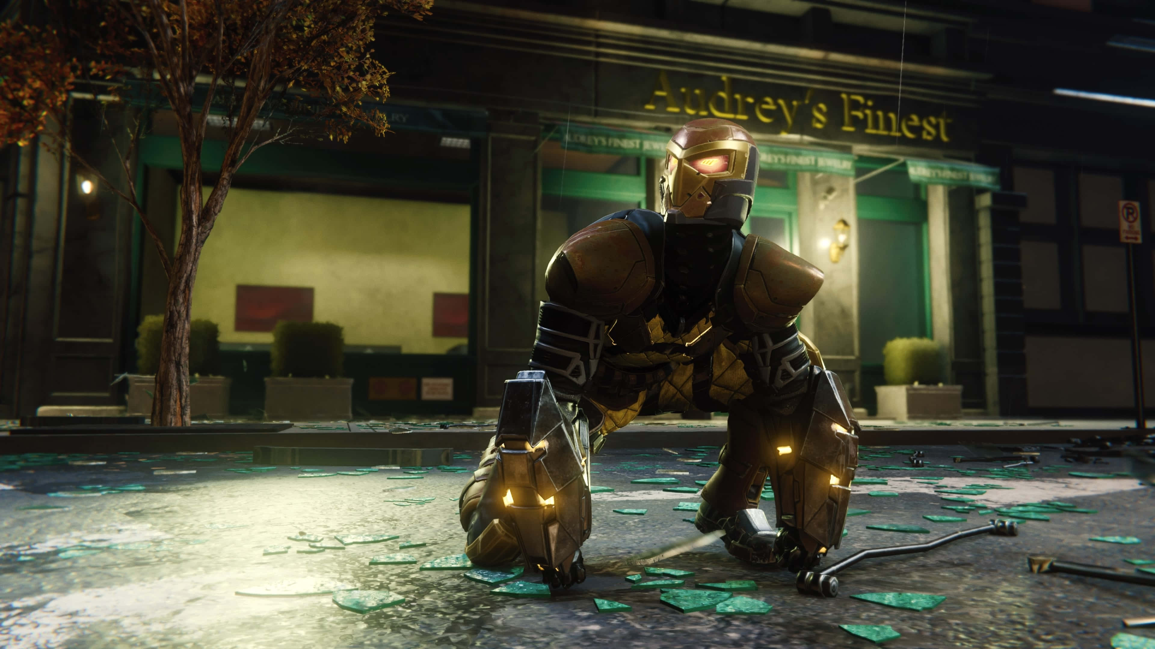 The Shocker, glowing armored figure, shattered glass, 4K Desktop Wallpaper