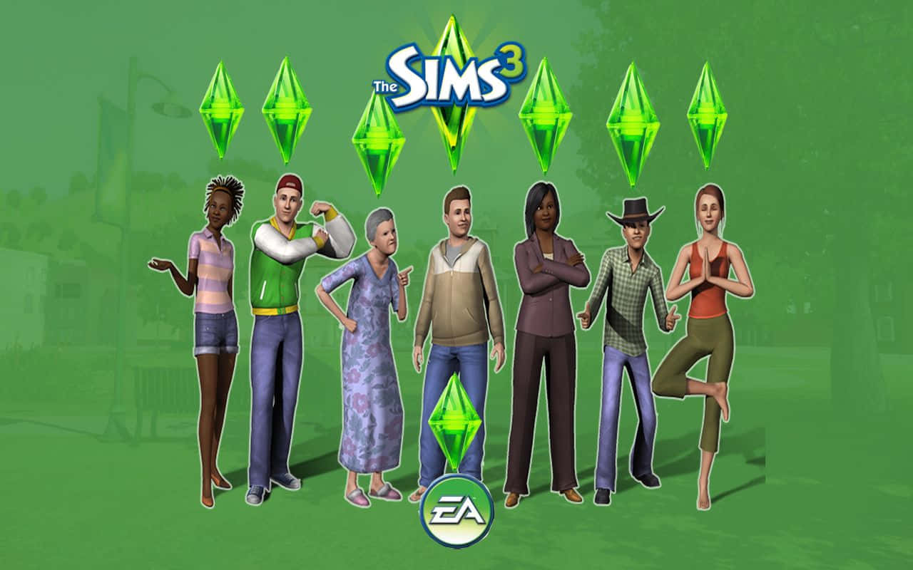 The Sims 3, Seven diverse Sims characters, green background, HD Desktop Wallpaper
