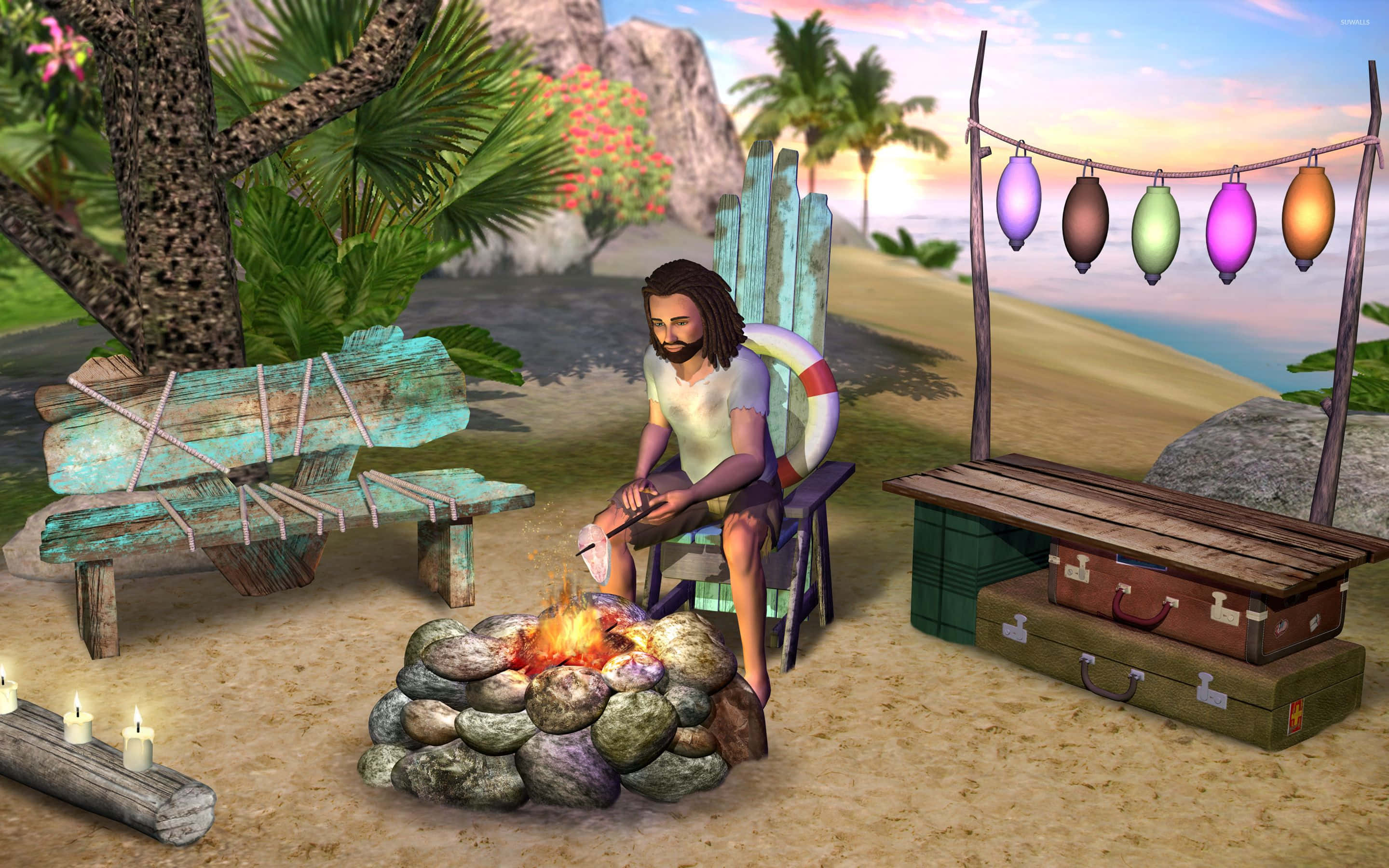 The Sims 3, dreadlocks, beach chair, 2K Desktop Wallpaper