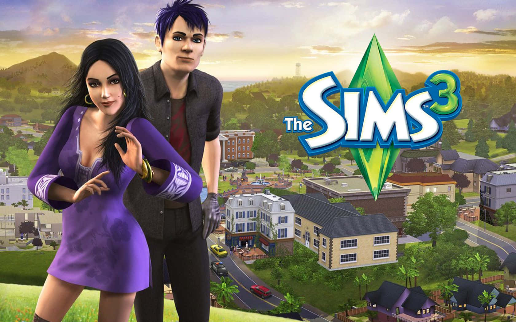 The Sims 3, stylized Sims characters, vibrant suburban town, HD Desktop Wallpaper