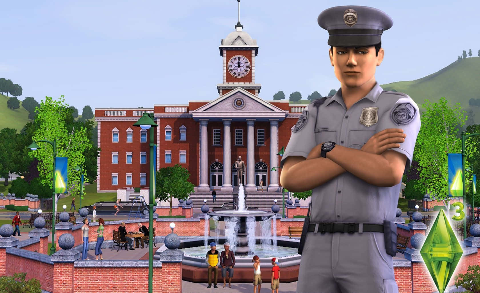 The Sims 3, red brick town hall, clock tower, HD Desktop Wallpaper