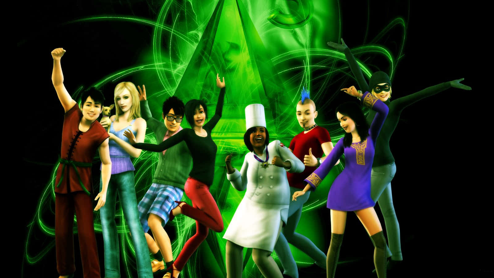The Sims 3, glowing green abstract background, vibrant group of diverse animated characters, HD Desktop Wallpaper