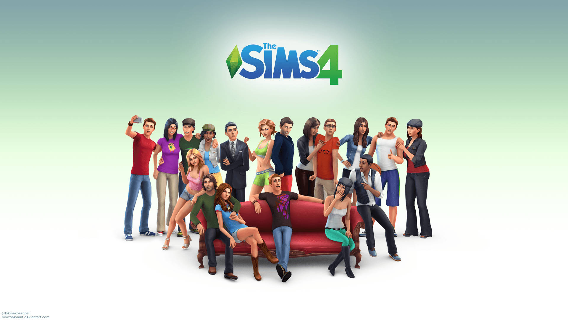 The Sims, red couch, soft gradient background, Full HD Desktop Wallpaper