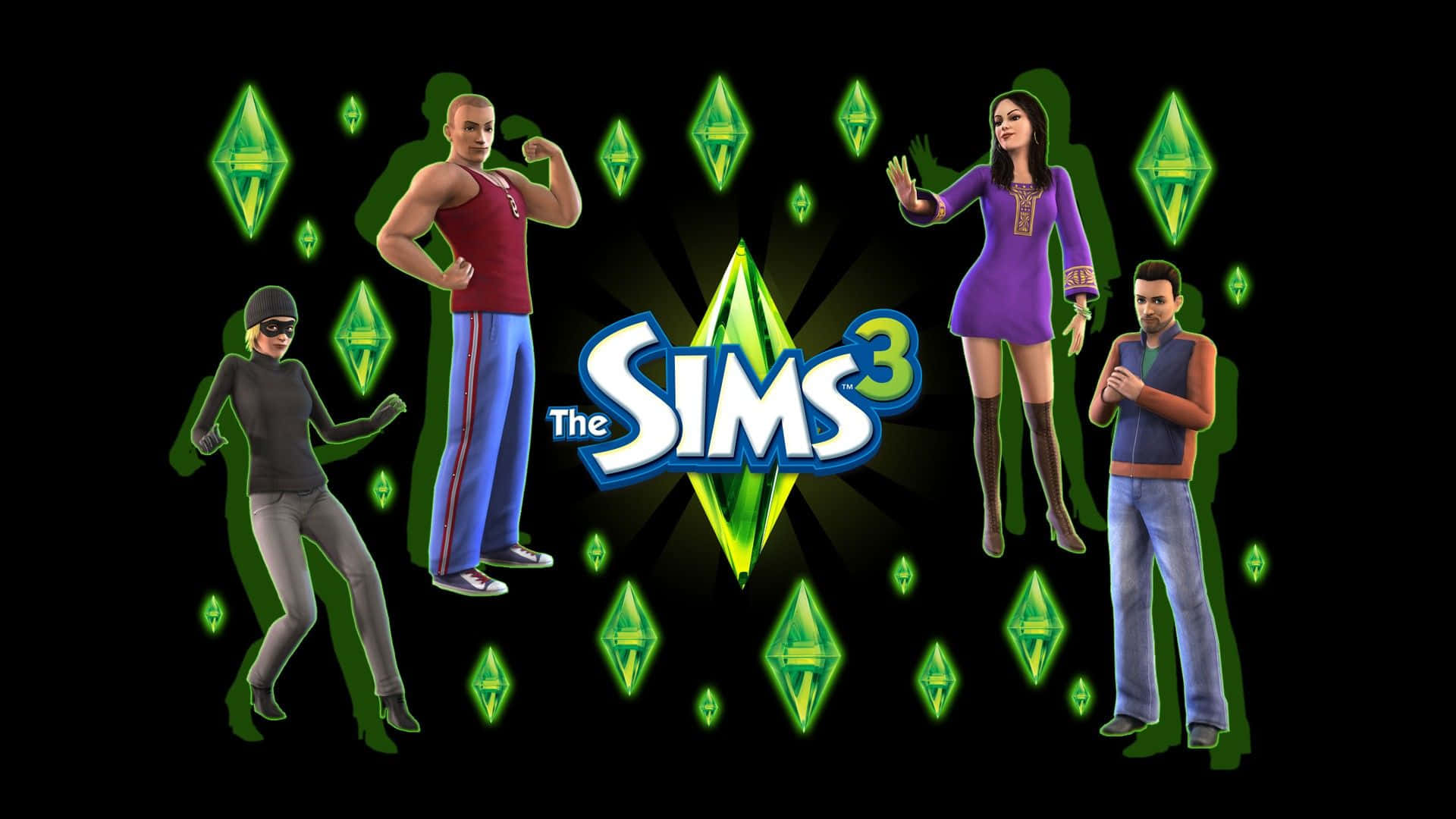 The Sims 3, glowing green, black background, Full HD Desktop Wallpaper