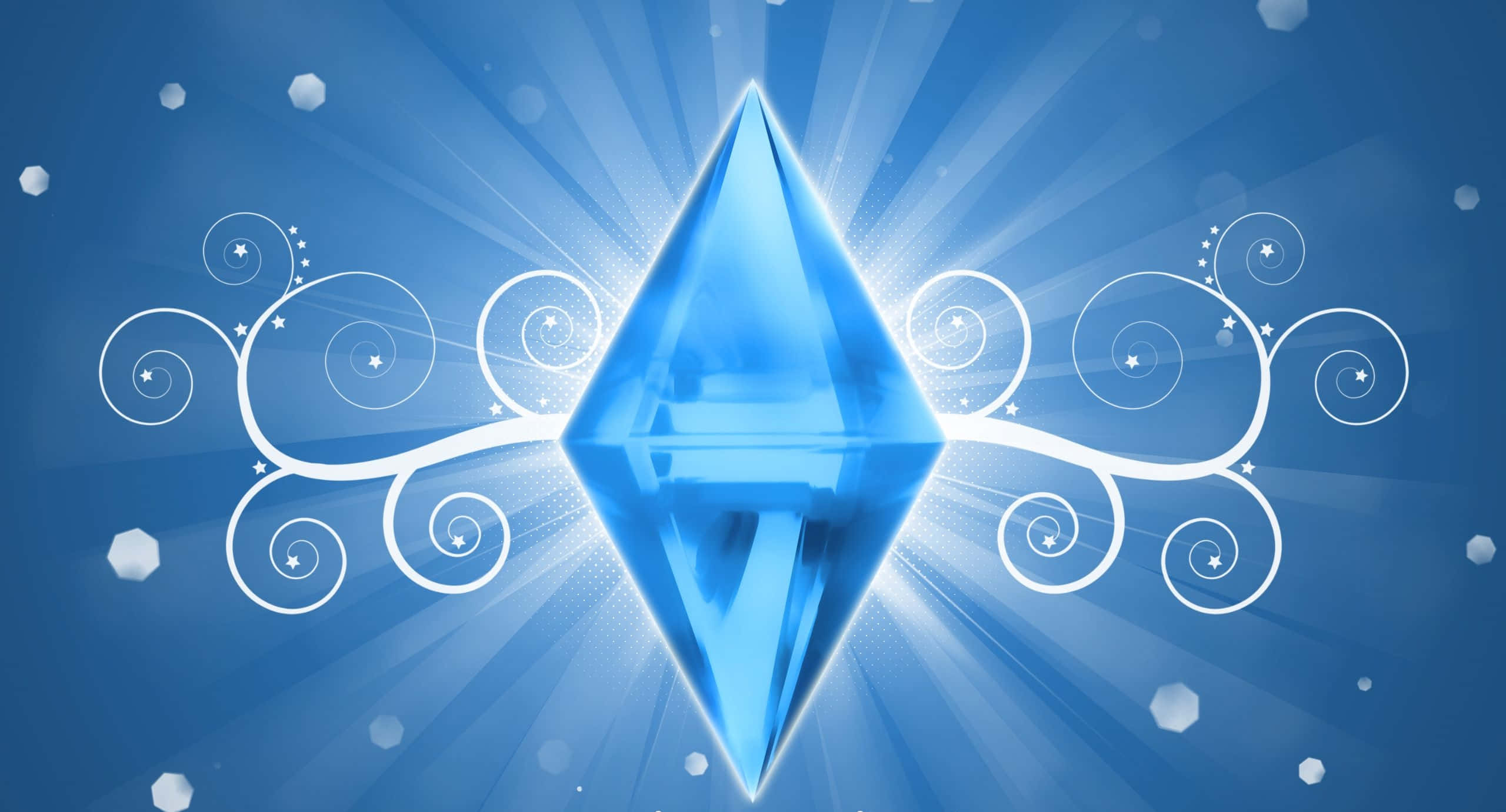 The Sims 3, glowing blue diamond-shaped gem, vibrant blue background, 2K Desktop Wallpaper