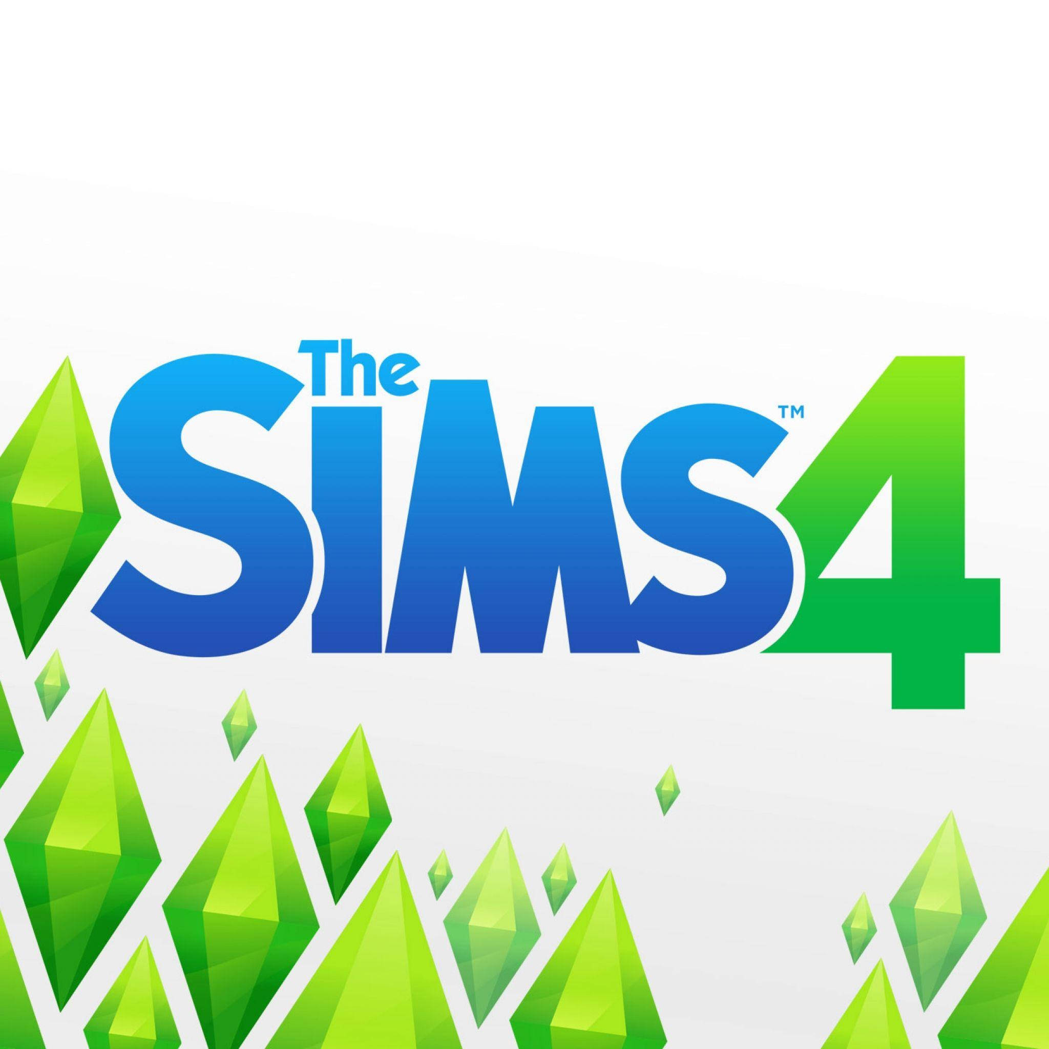 The Sims 4, blue and green gradient text, stylized green gem-like shapes, Full HD Desktop Wallpaper