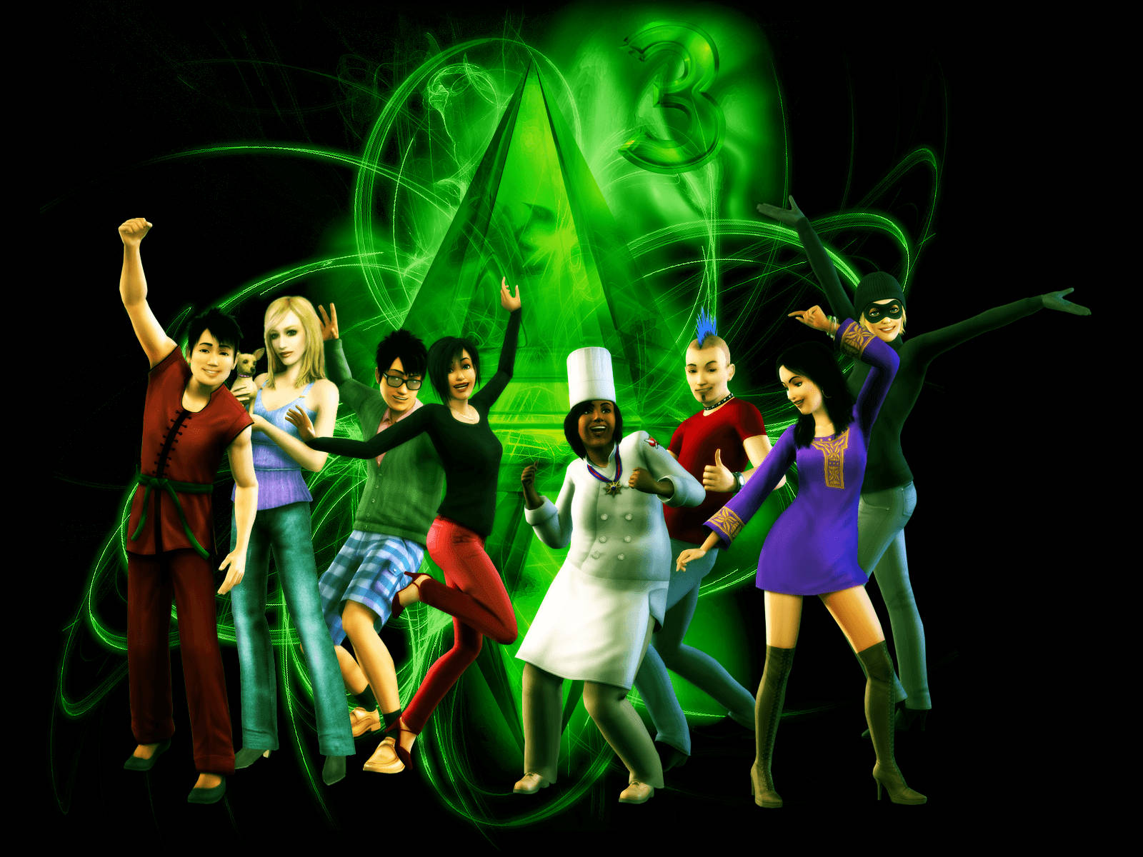 The Sims 4, glowing green abstract energy background, vibrant group of diverse animated characters, HD Desktop Wallpaper
