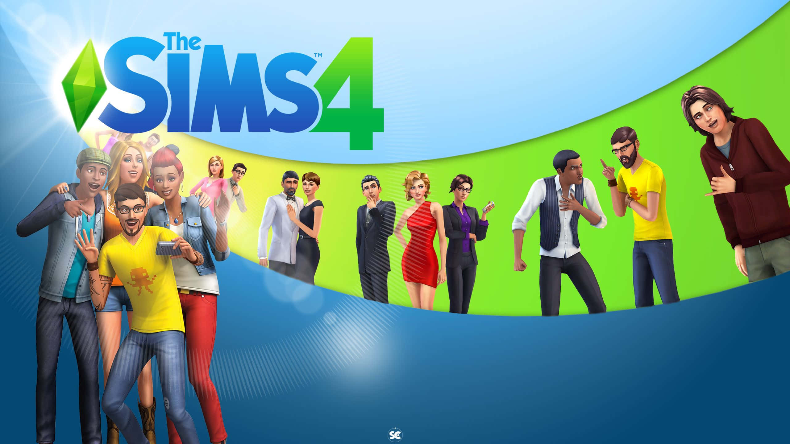 The Sims 4, bright blue and green gradient background, diverse animated characters, 2K Desktop Wallpaper