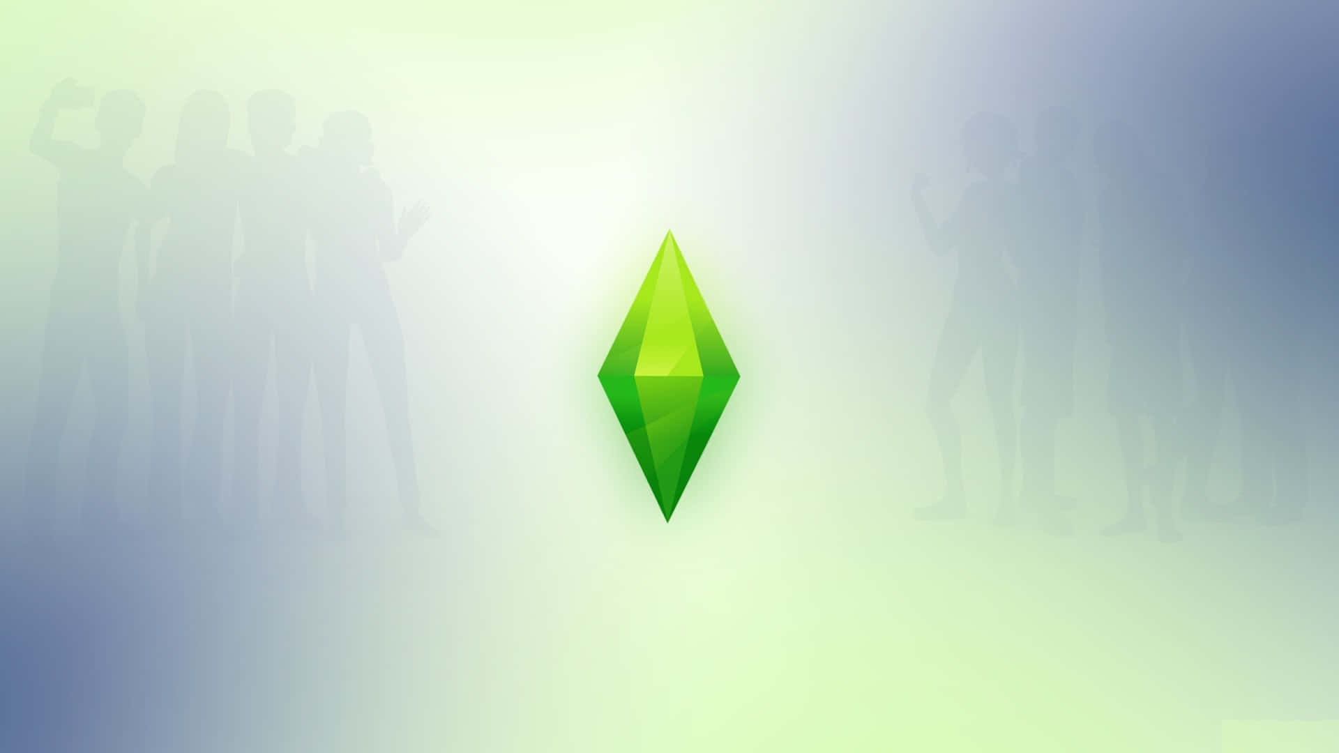 The Sims 4, glowing green diamond logo, soft gradient background, Full HD Desktop Wallpaper