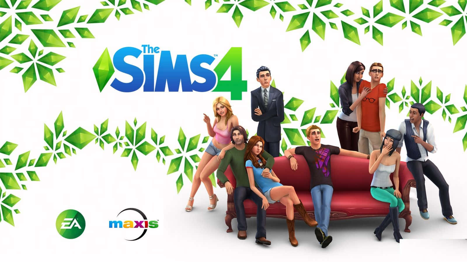 The Sims 4, red couch, green leafy borders, HD Desktop Wallpaper