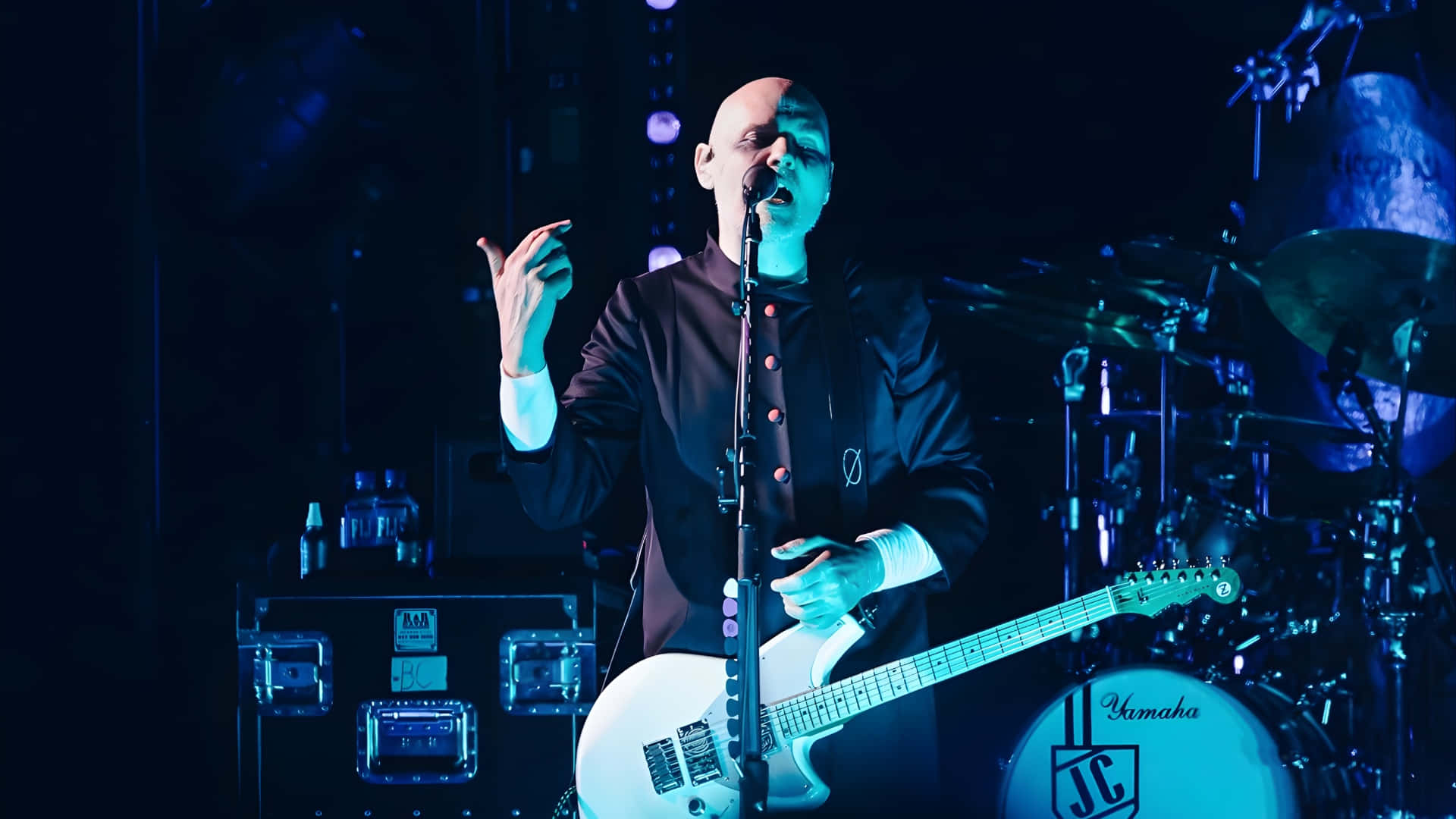 The Smashing Pumpkins, black jacket, white Yamaha guitar, Full HD Desktop Wallpaper