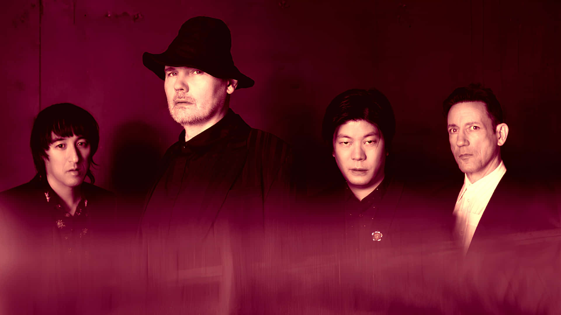 The Smashing Pumpkins, dark attire, deep magenta backdrop, Full HD Desktop Wallpaper