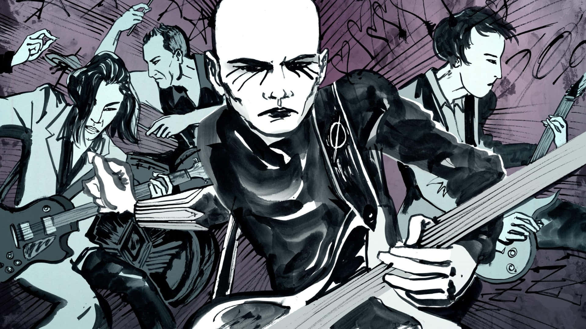 The Smashing Pumpkins, rock band, comic-style illustration, Full HD Desktop Wallpaper