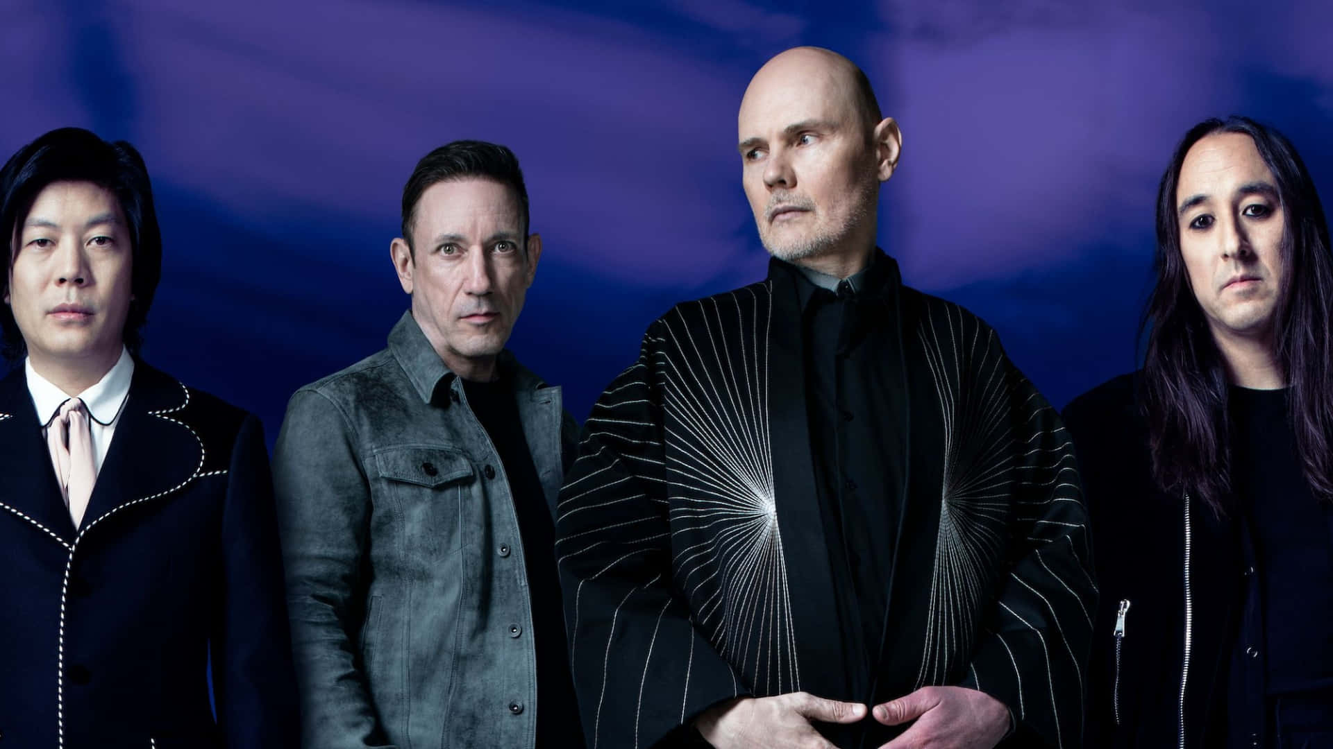The Smashing Pumpkins, dark stylish clothing, deep purple gradient backdrop, Full HD Desktop Wallpaper