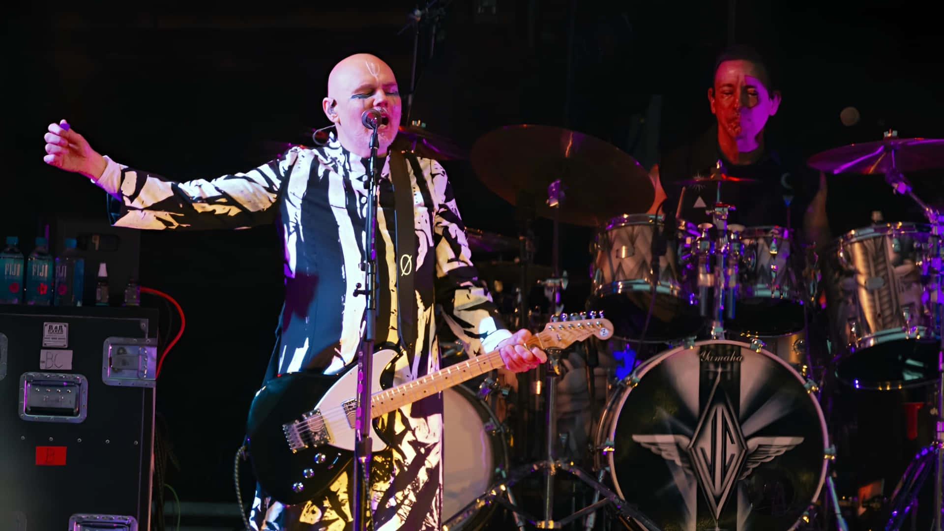 The Smashing Pumpkins, black and white patterned shirt, white electric guitar, Full HD Desktop Wallpaper