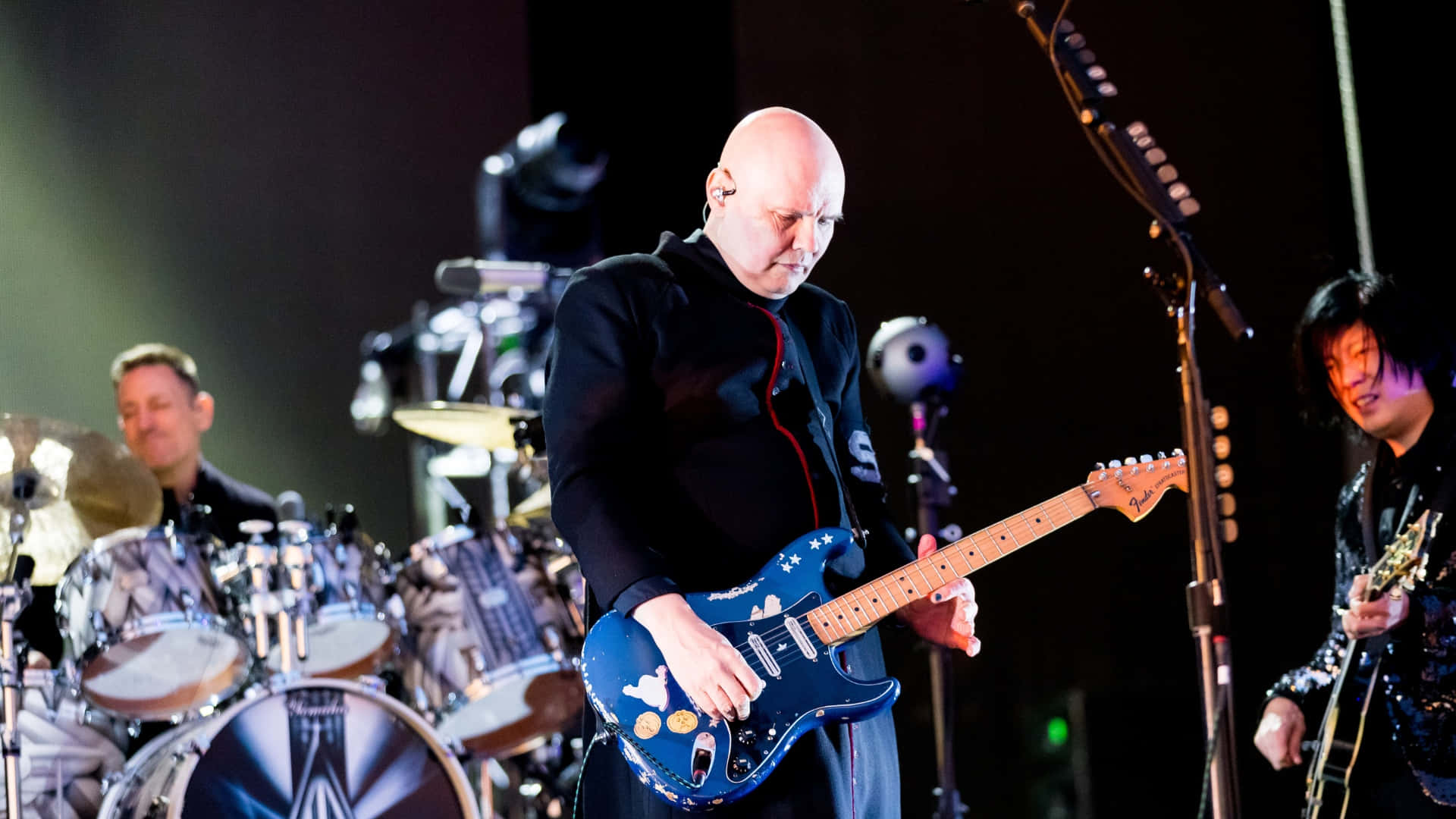 The Smashing Pumpkins, bald guitarist, blue electric guitar, Full HD Desktop Wallpaper
