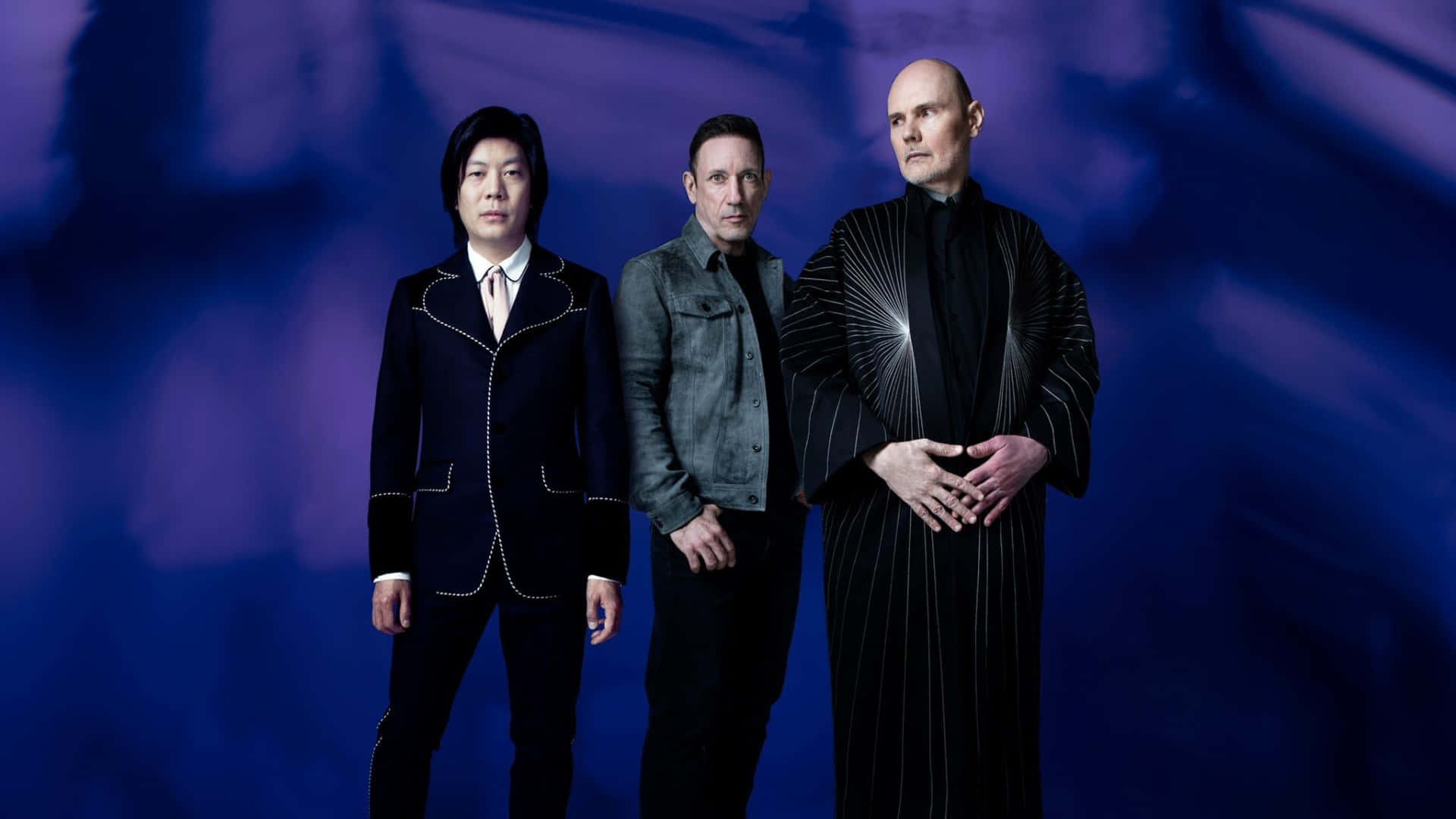 The Smashing Pumpkins, deep blue and purple backdrop, dark formal attire, Full HD Desktop Wallpaper