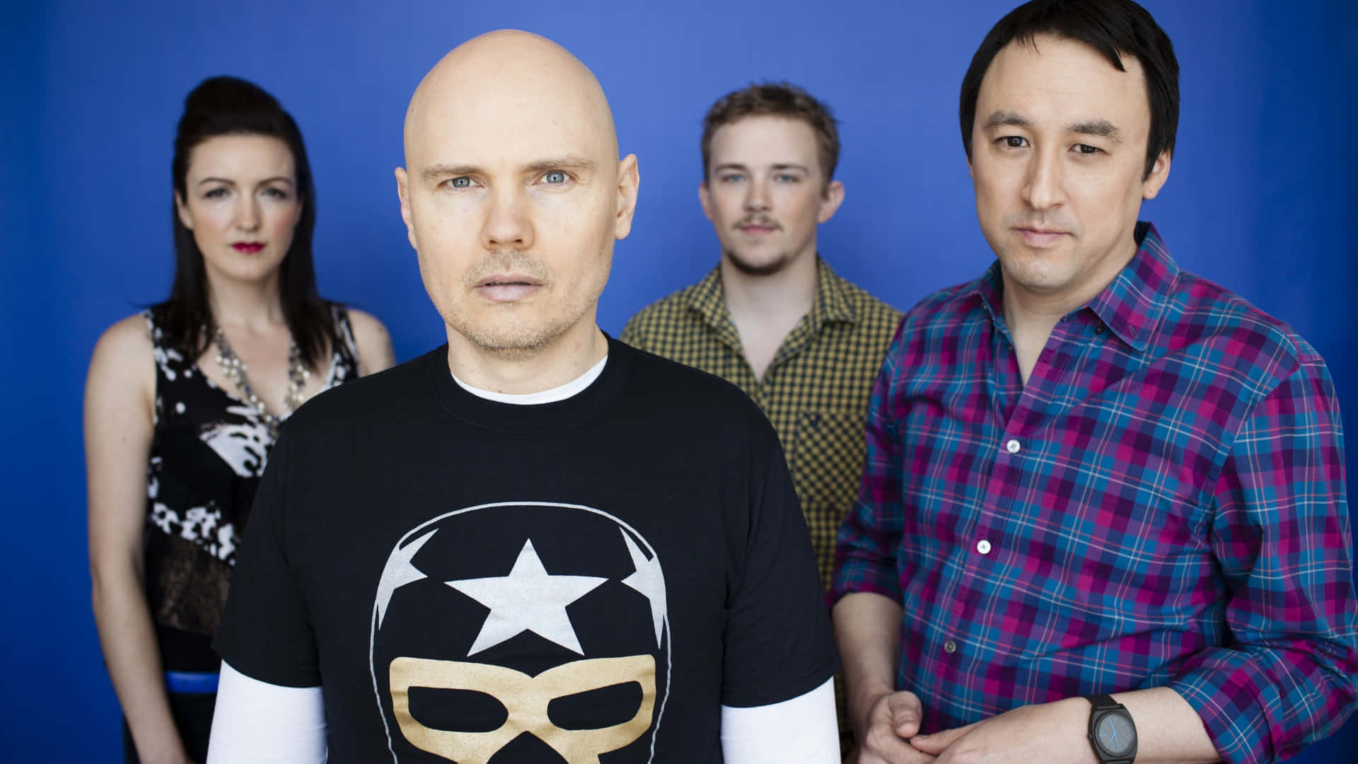 The Smashing Pumpkins, blue background, black t-shirt, Full HD Desktop Wallpaper